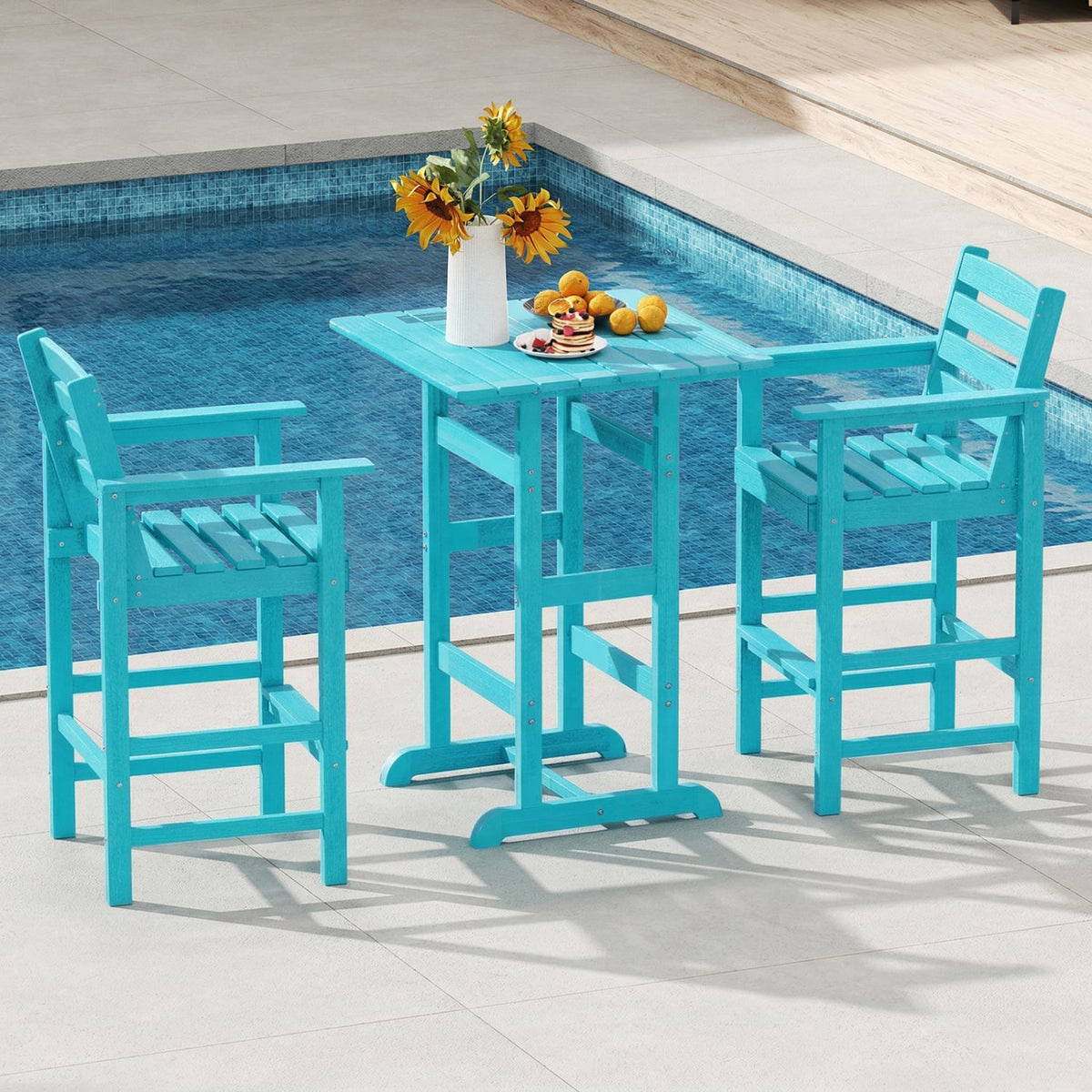 Patio HDPE Adirondack Bar Chairs Set of 2 with Wide Armrests-Turquoise-Outdoor Bar Furniture-DECOROLALA