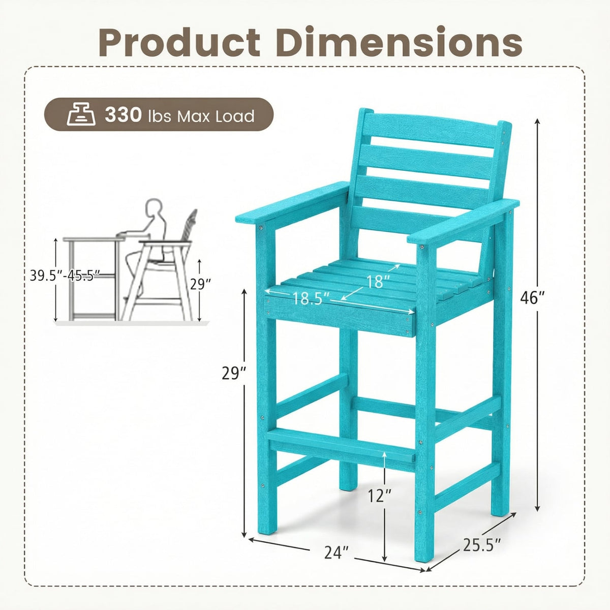Patio HDPE Adirondack Bar Chairs Set of 2 with Wide Armrests-Turquoise-Outdoor Bar Furniture-DECOROLALA