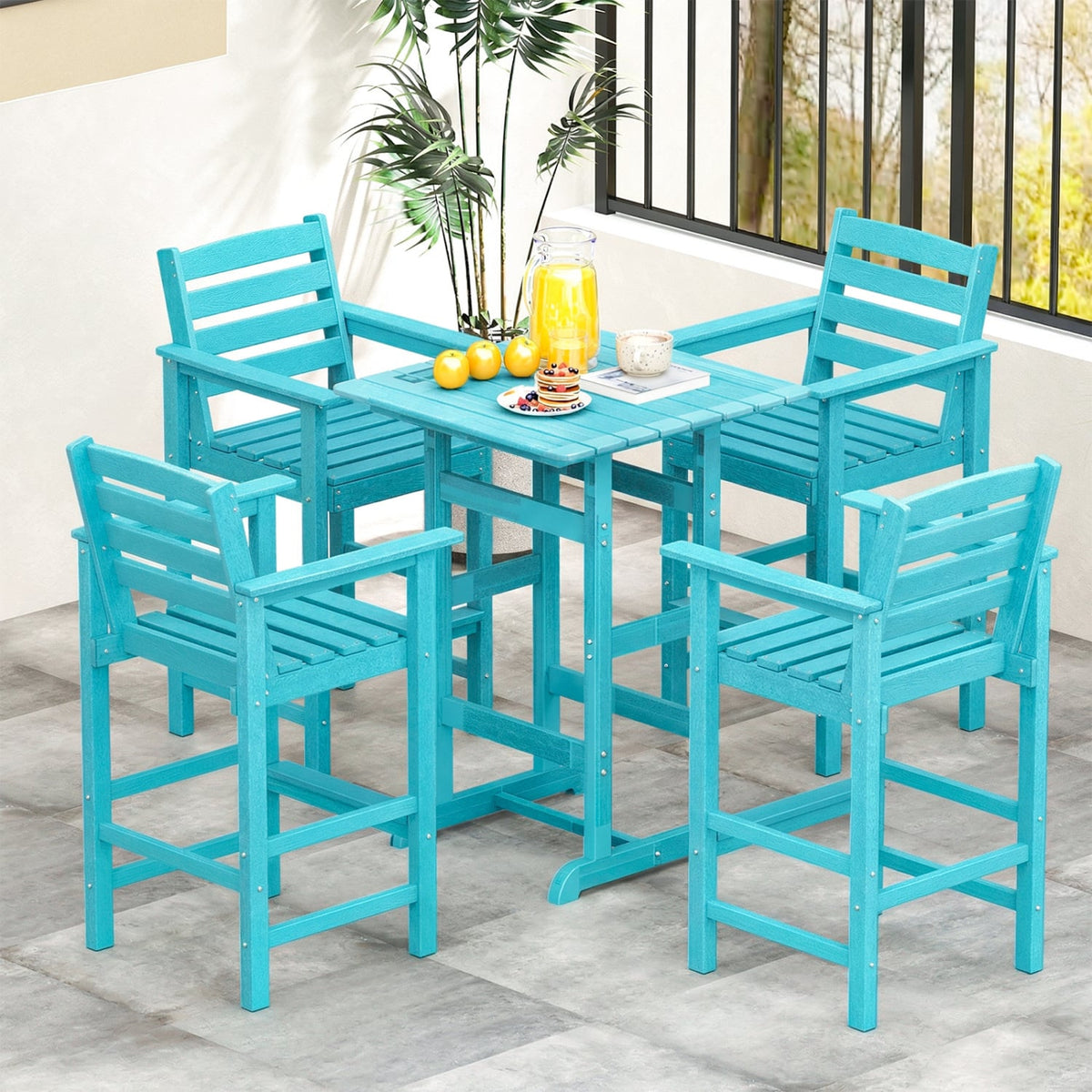 Patio HDPE Adirondack Bar Chairs Set of 2 with Wide Armrests-Turquoise-Outdoor Bar Furniture-DECOROLALA