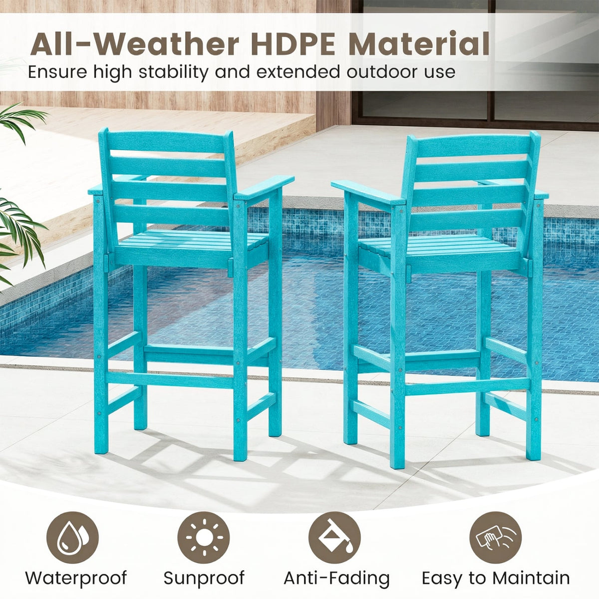 Patio HDPE Adirondack Bar Chairs Set of 2 with Wide Armrests-Turquoise-Outdoor Bar Furniture-DECOROLALA