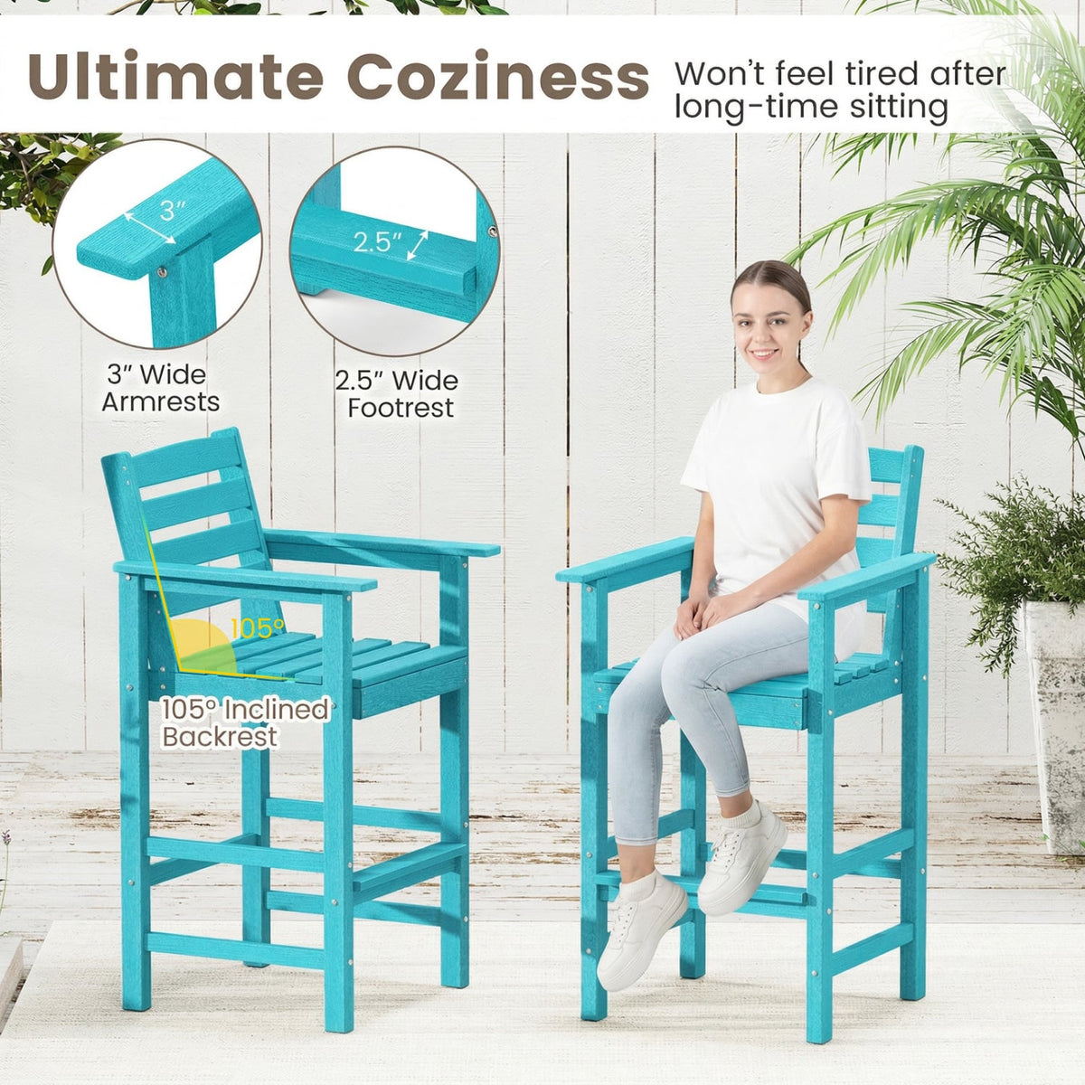 Patio HDPE Adirondack Bar Chairs Set of 2 with Wide Armrests-Turquoise-Outdoor Bar Furniture-DECOROLALA