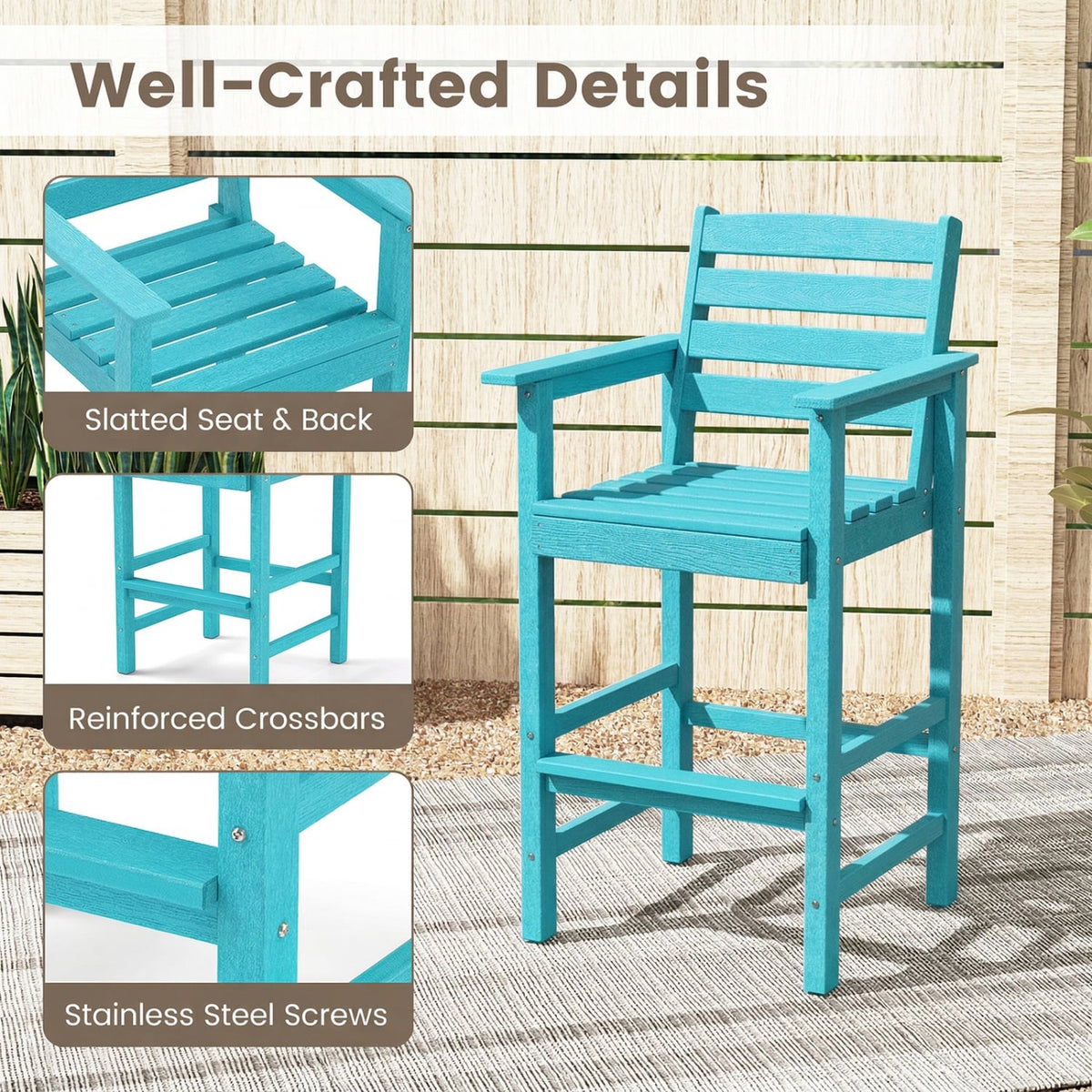 Patio HDPE Adirondack Bar Chairs Set of 2 with Wide Armrests-Turquoise-Outdoor Bar Furniture-DECOROLALA
