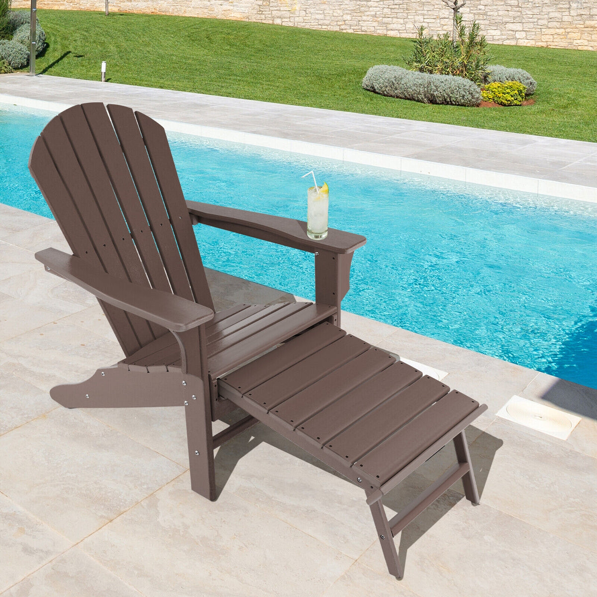 Patio HDPE Adirondack Chair with Retractable Ottoman-Brown-Adirondack Chairs-DECOROLALA