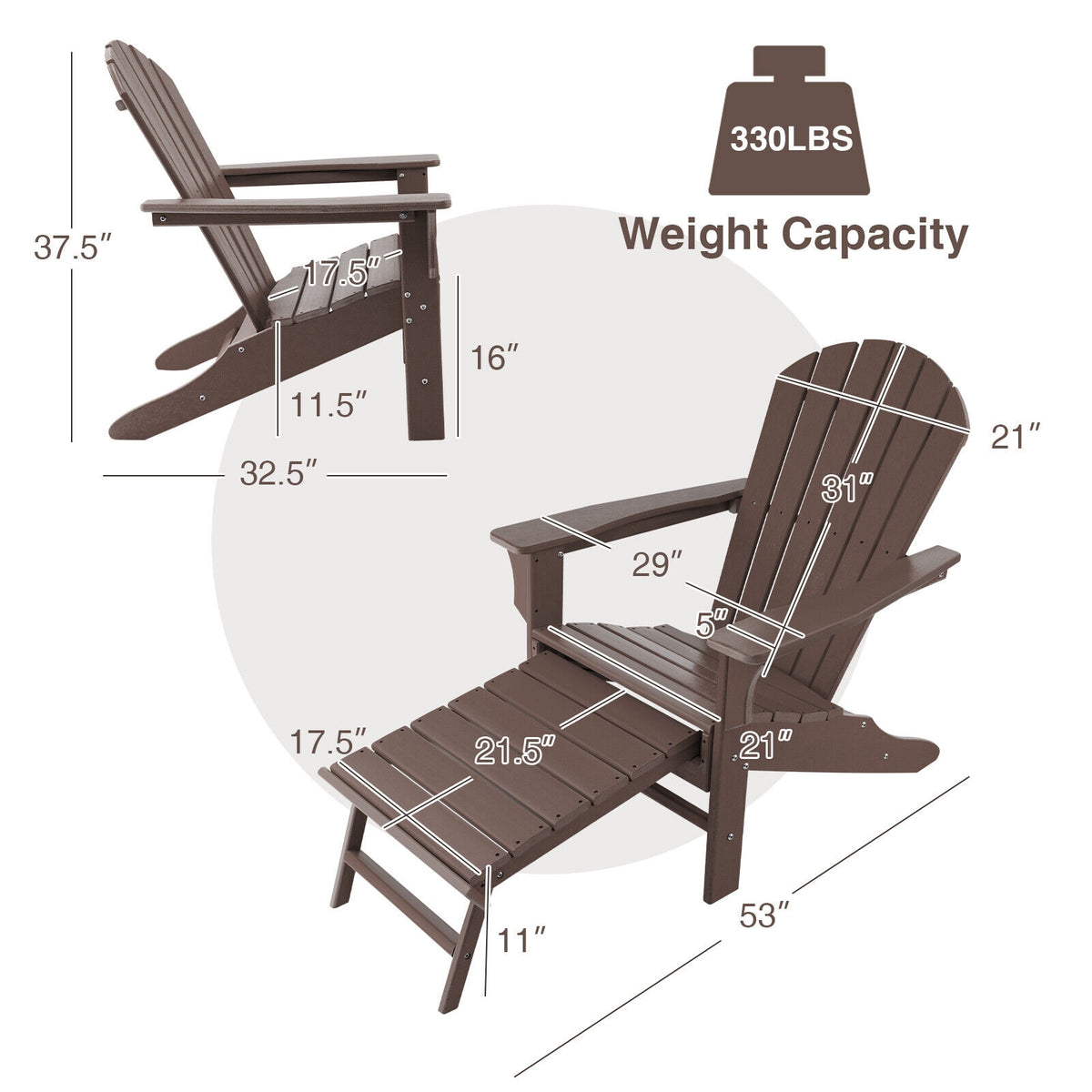 Patio HDPE Adirondack Chair with Retractable Ottoman-Brown-Adirondack Chairs-DECOROLALA