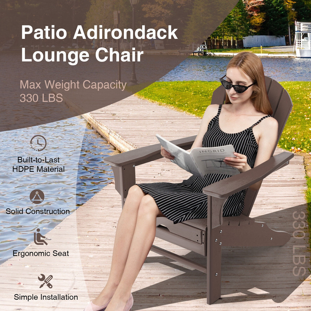 Patio HDPE Adirondack Chair with Retractable Ottoman-Brown-Adirondack Chairs-DECOROLALA
