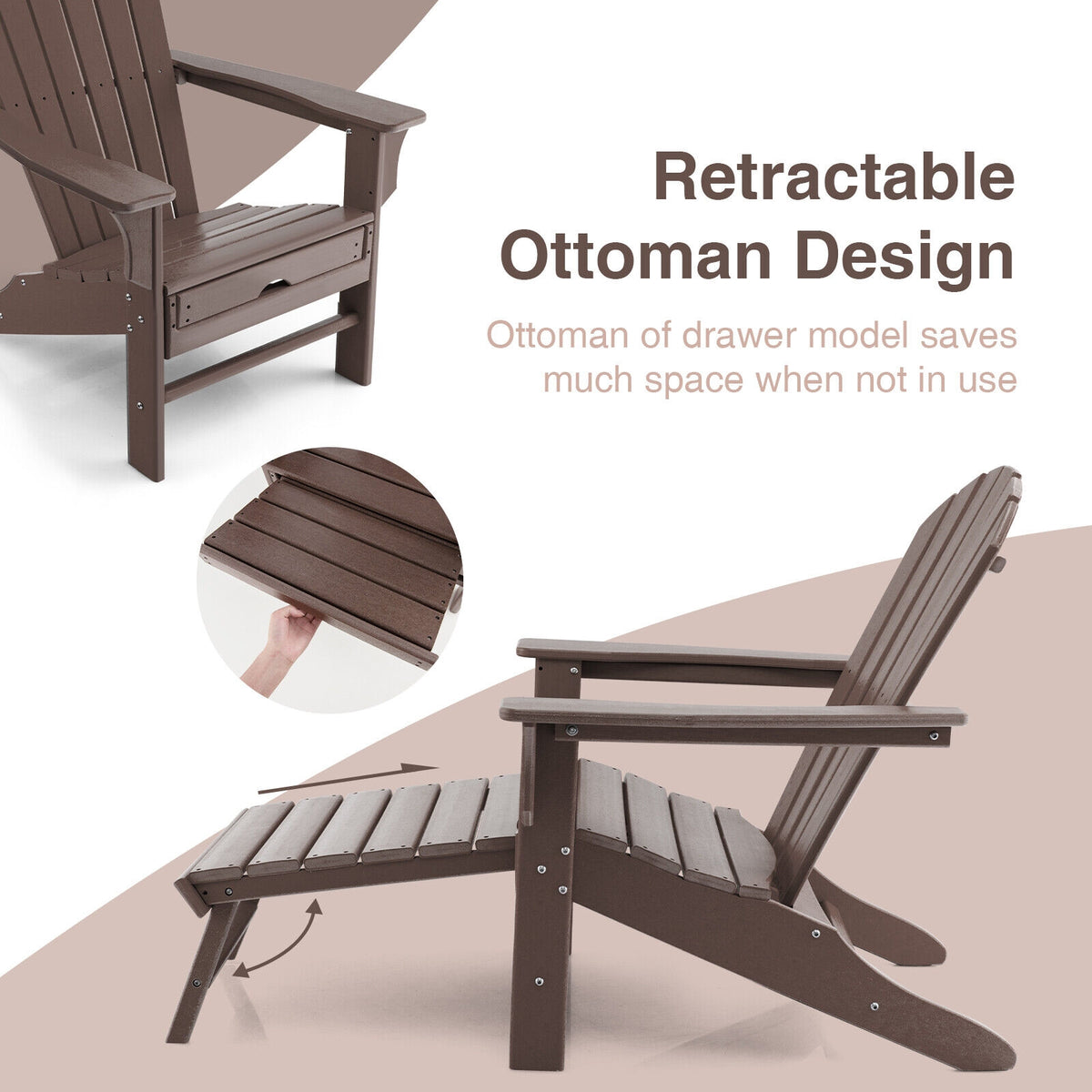 Patio HDPE Adirondack Chair with Retractable Ottoman-Brown-Adirondack Chairs-DECOROLALA