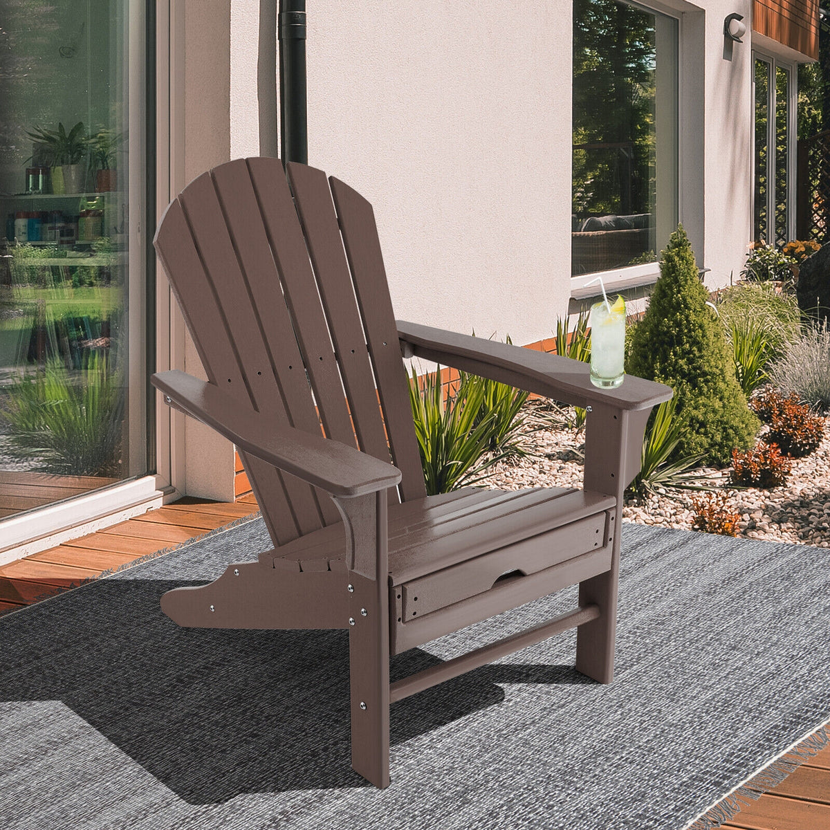 Patio HDPE Adirondack Chair with Retractable Ottoman-Brown-Adirondack Chairs-DECOROLALA