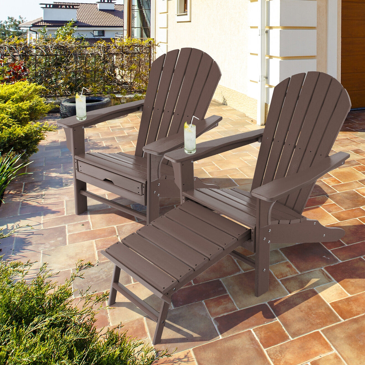 Patio HDPE Adirondack Chair with Retractable Ottoman-Brown-Adirondack Chairs-DECOROLALA