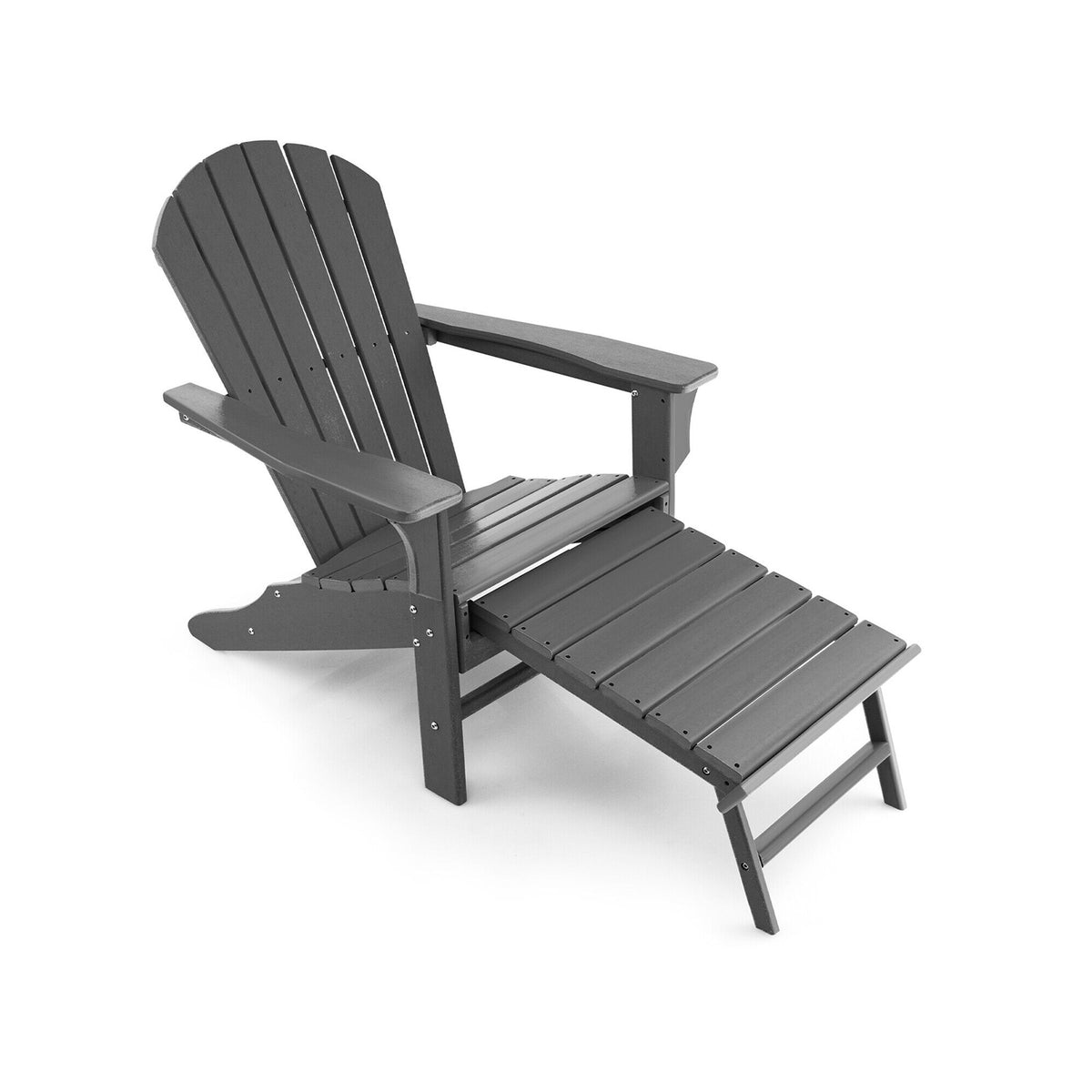 Patio HDPE Adirondack Chair with Retractable Ottoman-Gray-Adirondack Chairs-DECOROLALA