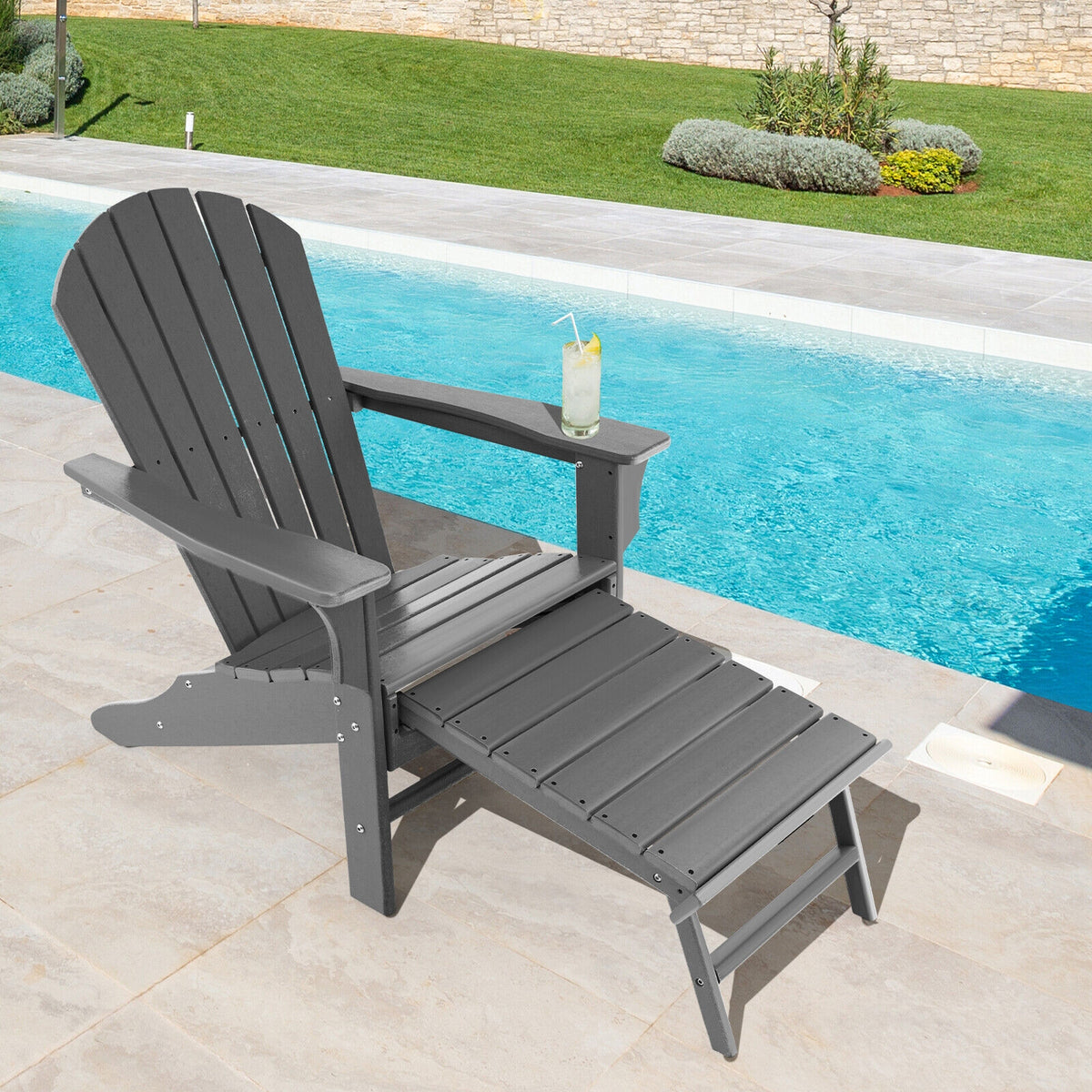 Patio HDPE Adirondack Chair with Retractable Ottoman-Gray-Adirondack Chairs-DECOROLALA