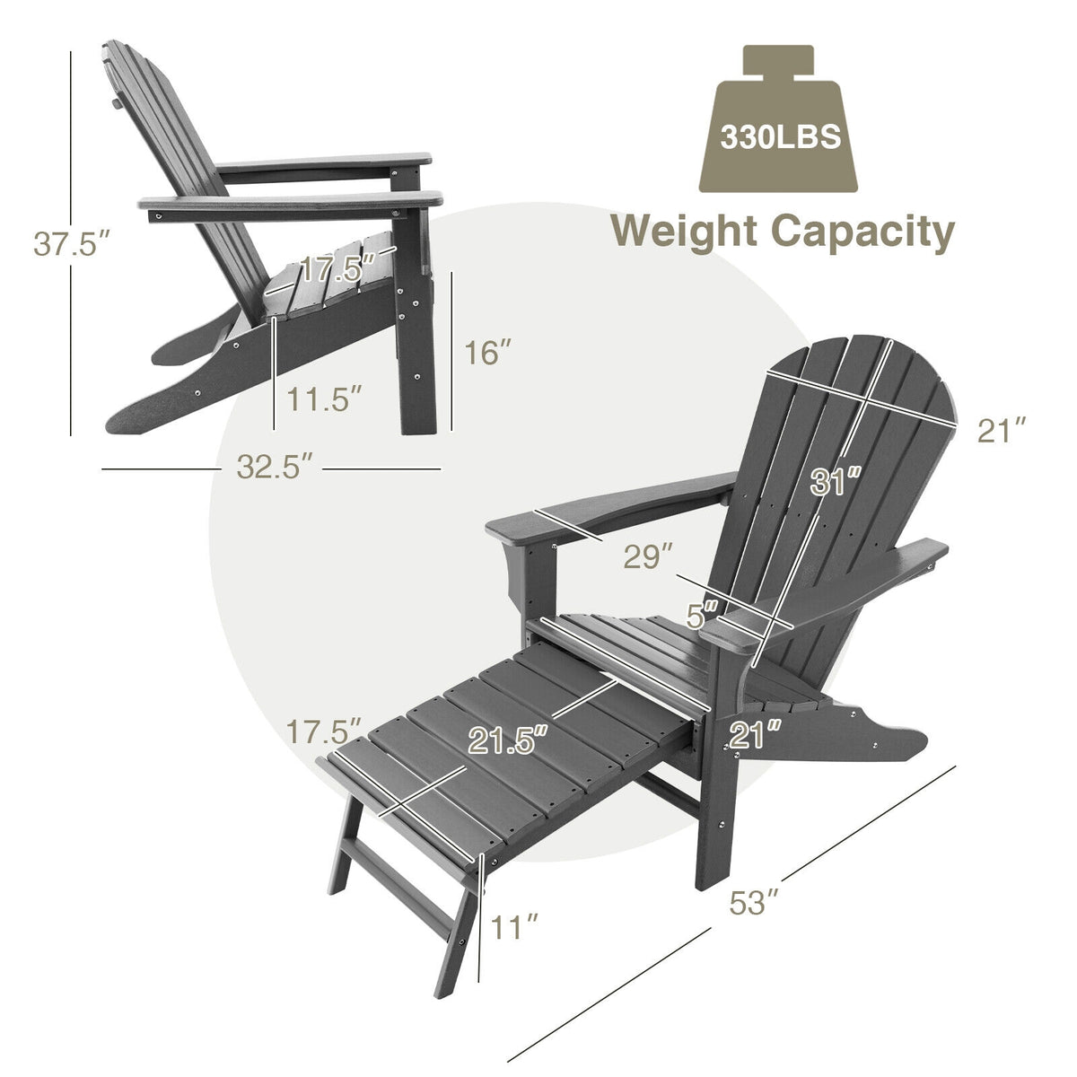 Patio HDPE Adirondack Chair with Retractable Ottoman-Gray-Adirondack Chairs-DECOROLALA