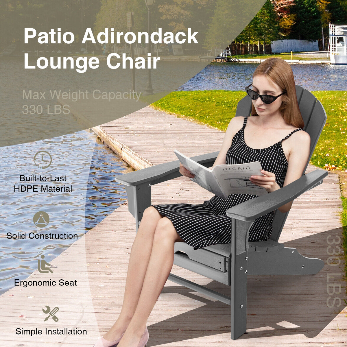 Patio HDPE Adirondack Chair with Retractable Ottoman-Gray-Adirondack Chairs-DECOROLALA