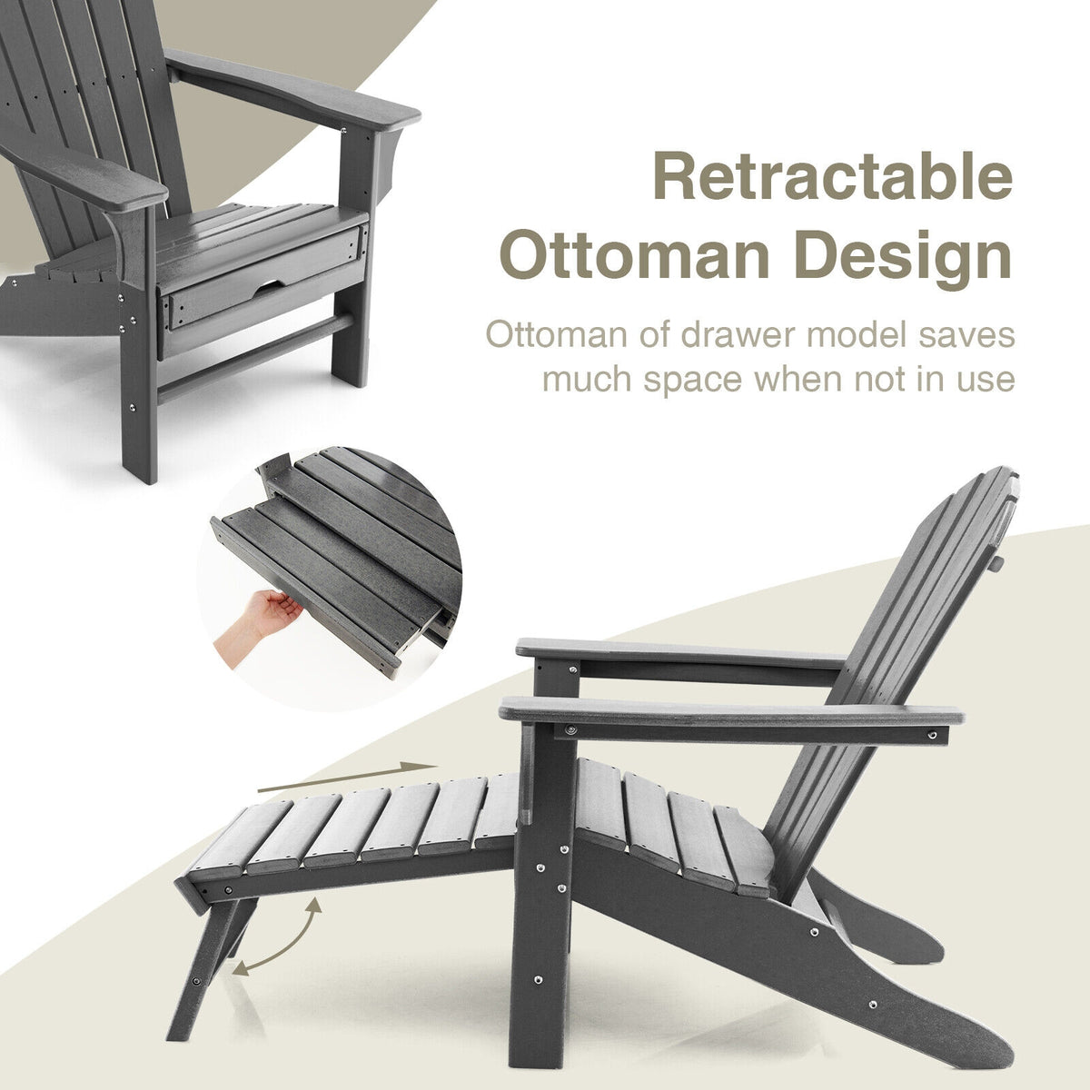 Patio HDPE Adirondack Chair with Retractable Ottoman-Gray-Adirondack Chairs-DECOROLALA