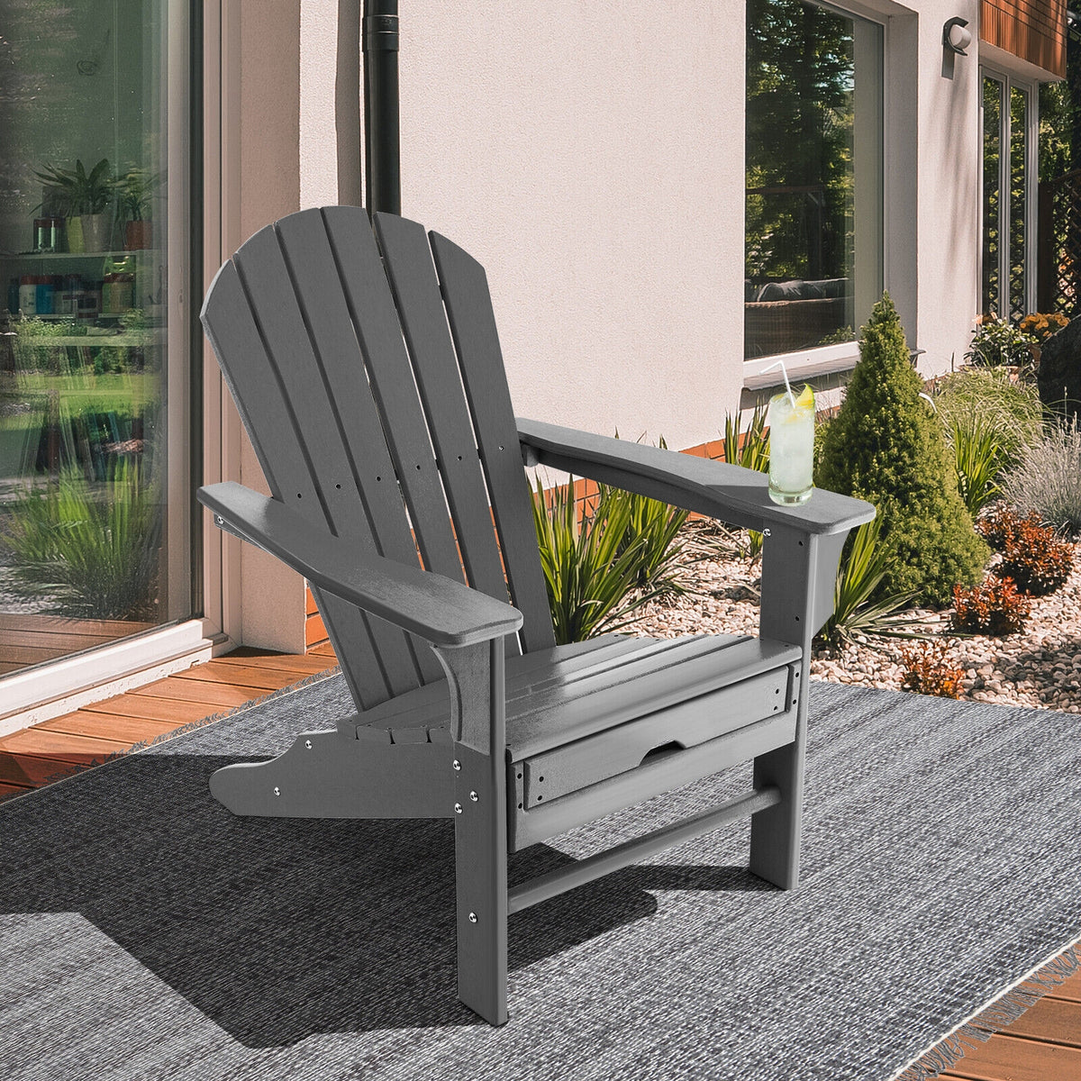 Patio HDPE Adirondack Chair with Retractable Ottoman-Gray-Adirondack Chairs-DECOROLALA