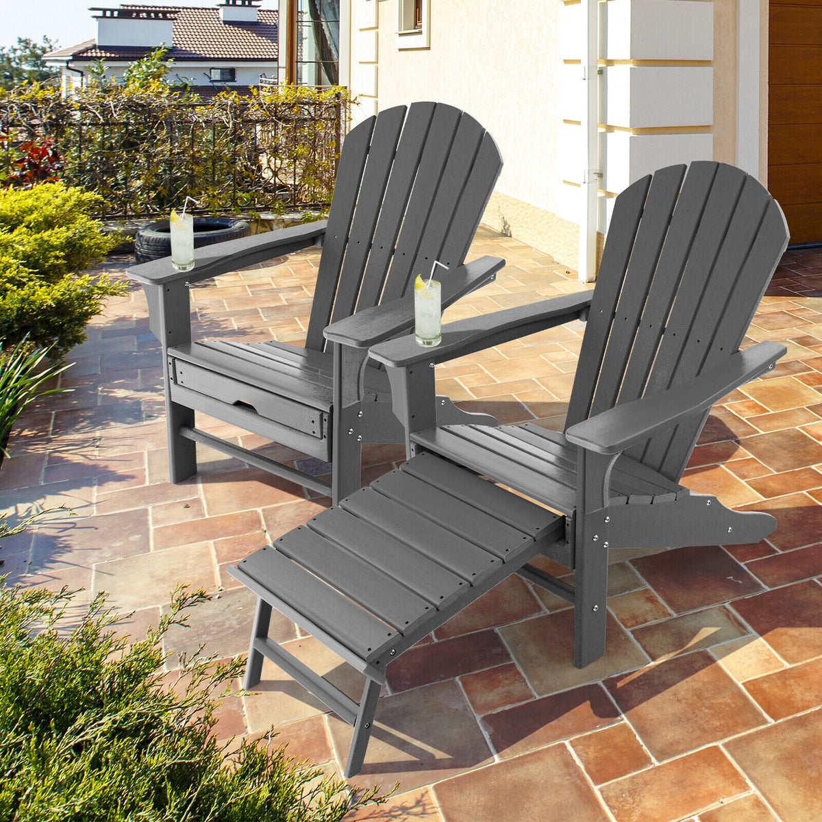 Patio HDPE Adirondack Chair with Retractable Ottoman-Gray-Adirondack Chairs-DECOROLALA