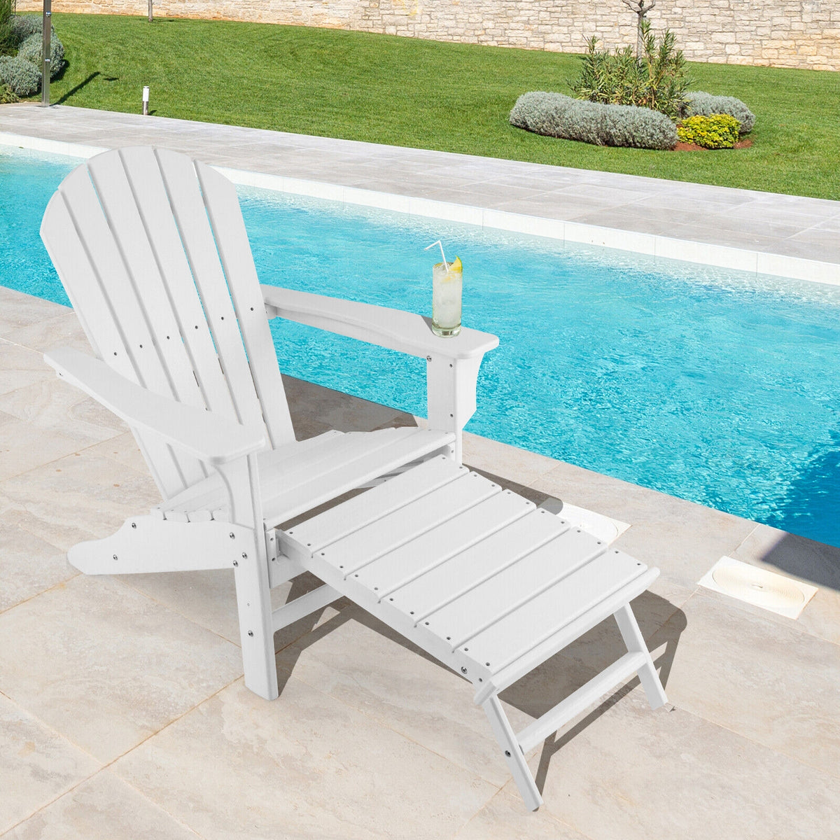 Patio HDPE Adirondack Chair with Retractable Ottoman-White-Adirondack Chairs-DECOROLALA