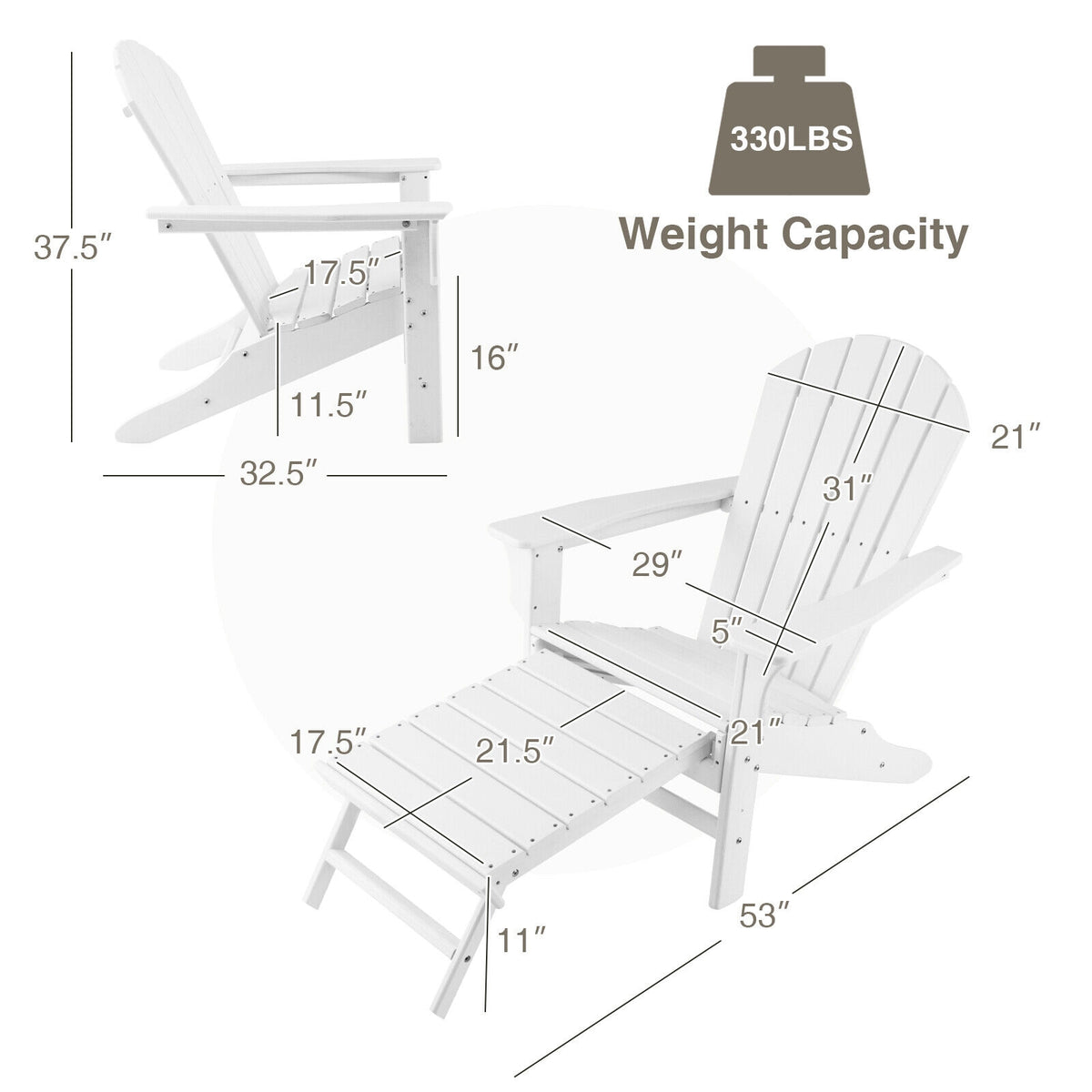 Patio HDPE Adirondack Chair with Retractable Ottoman-White-Adirondack Chairs-DECOROLALA