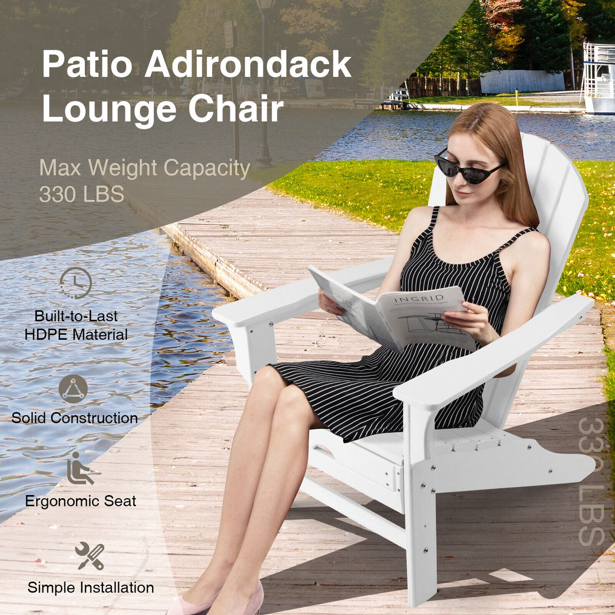 Patio HDPE Adirondack Chair with Retractable Ottoman-White-Adirondack Chairs-DECOROLALA