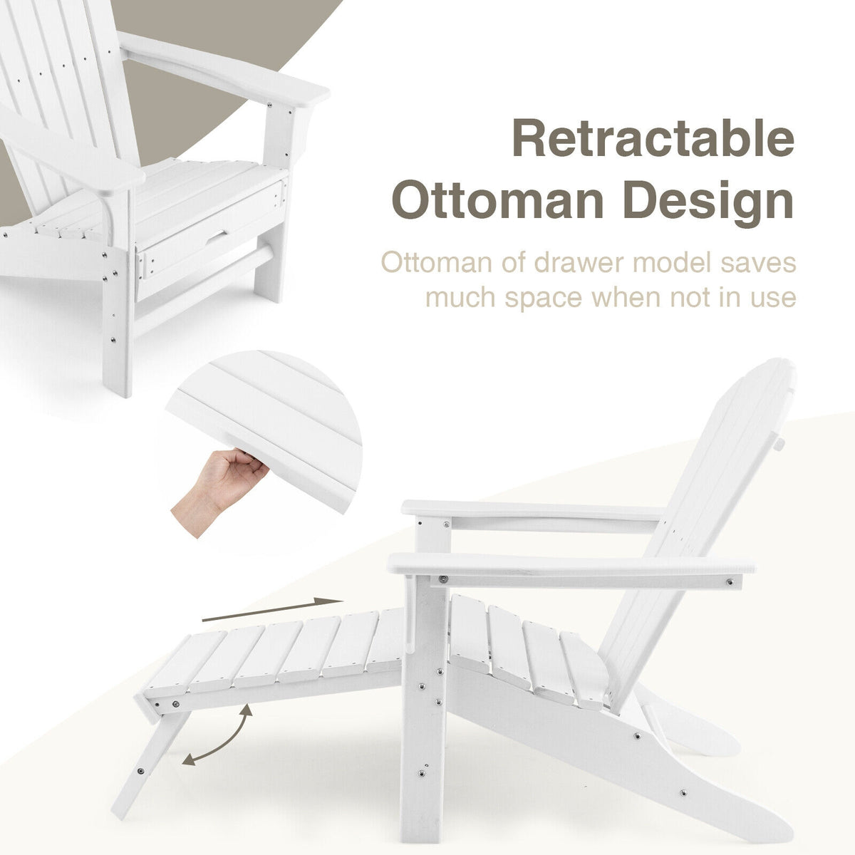 Patio HDPE Adirondack Chair with Retractable Ottoman-White-Adirondack Chairs-DECOROLALA