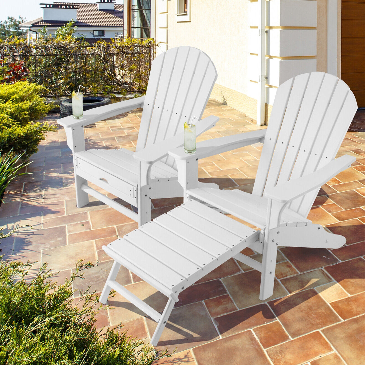 Patio HDPE Adirondack Chair with Retractable Ottoman-White-Adirondack Chairs-DECOROLALA