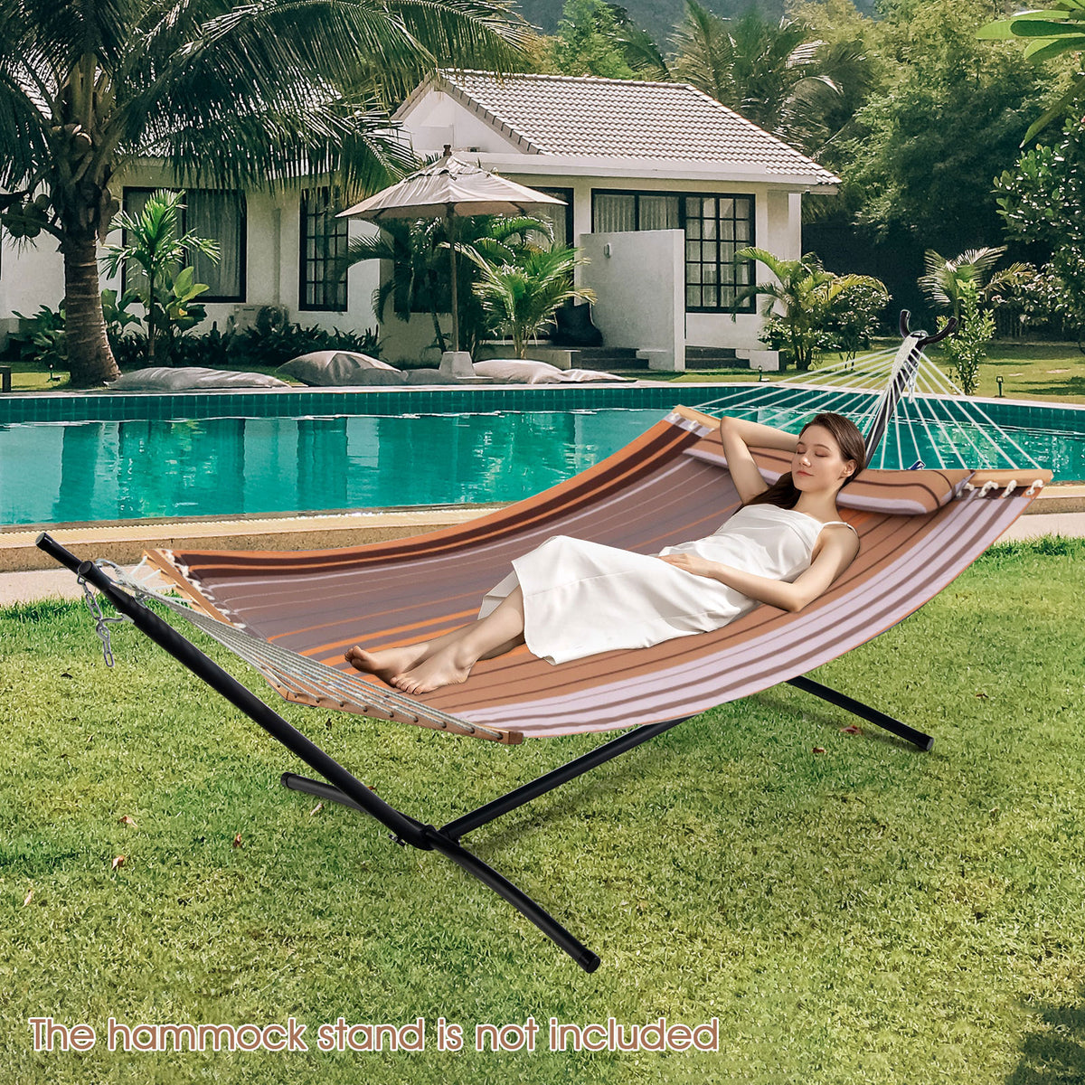 Patio Hammock Foldable Swing Chair Bed with Detachable Pillow-Brown-Hammocks-DECOROLALA