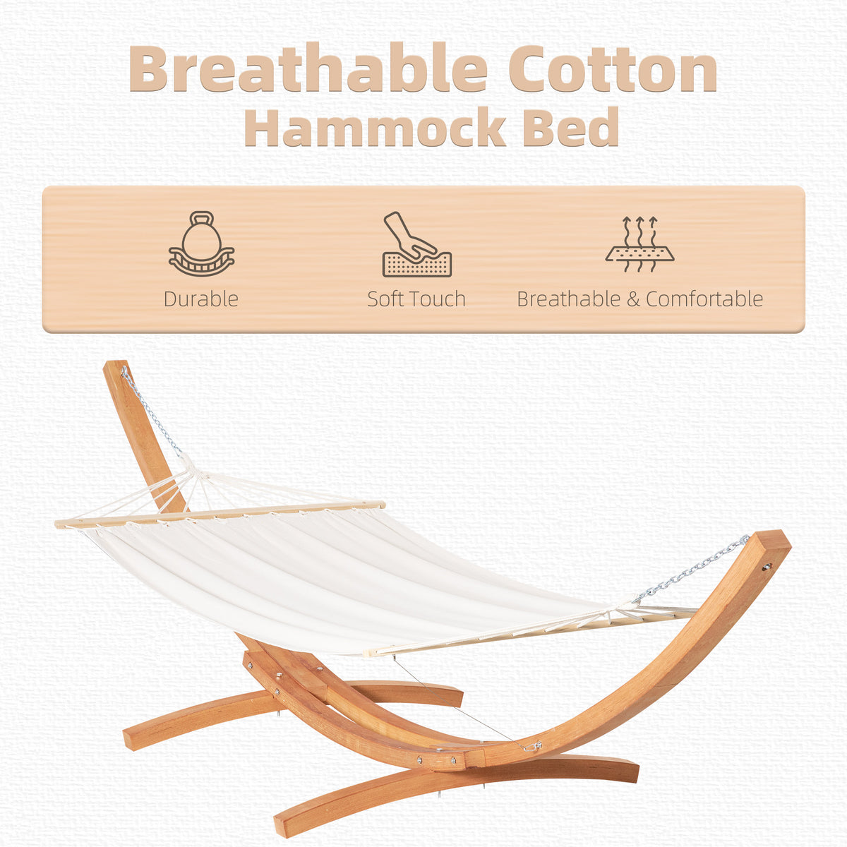 Patio Hammock with Stand - Wooden Arc White Cotton 330lb-Hammocks with Stands-DECOROLALA
