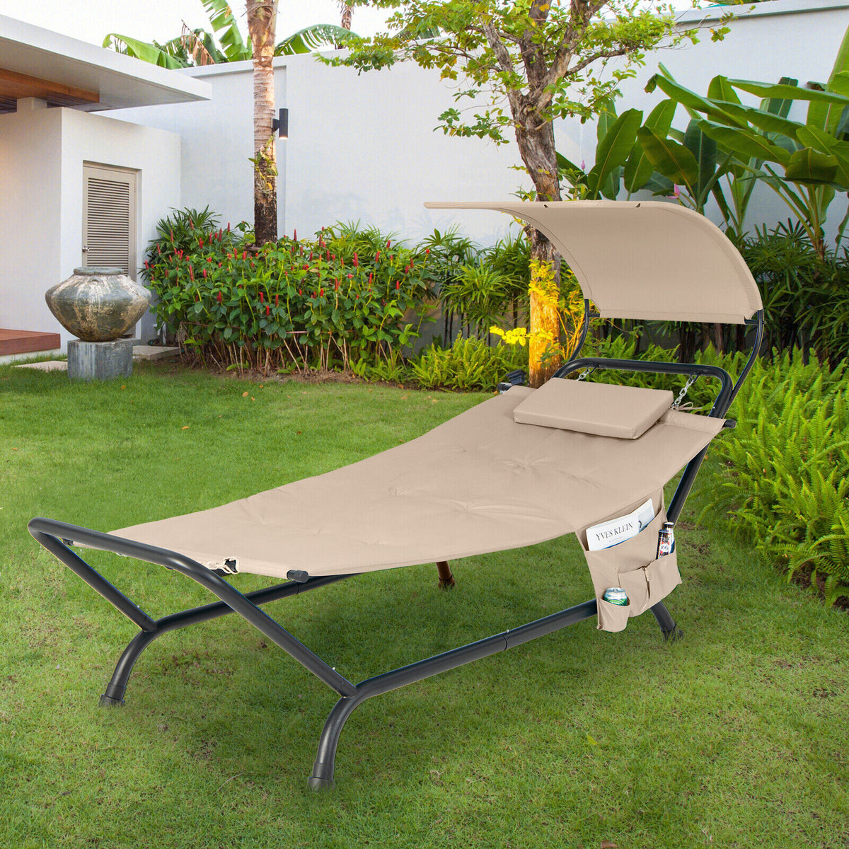 Patio Hanging Chaise Lounge Chair with Canopy Cushion Pillow and Storage Bag-Beige-Hammocks-DECOROLALA