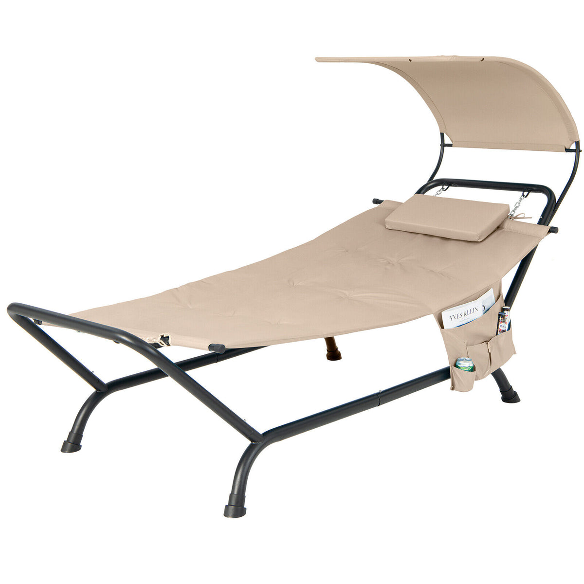 Patio Hanging Chaise Lounge Chair with Canopy Cushion Pillow and Storage Bag-Beige-Hammocks-DECOROLALA