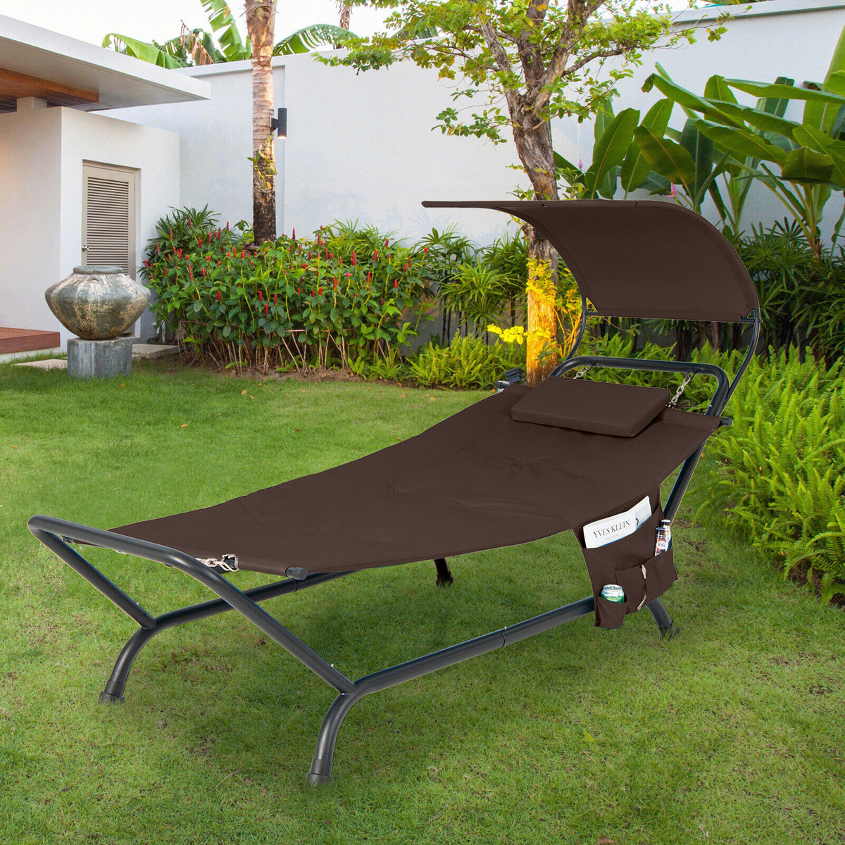 Patio Hanging Chaise Lounge Chair with Canopy Cushion Pillow and Storage Bag-Brown-Hammocks-DECOROLALA