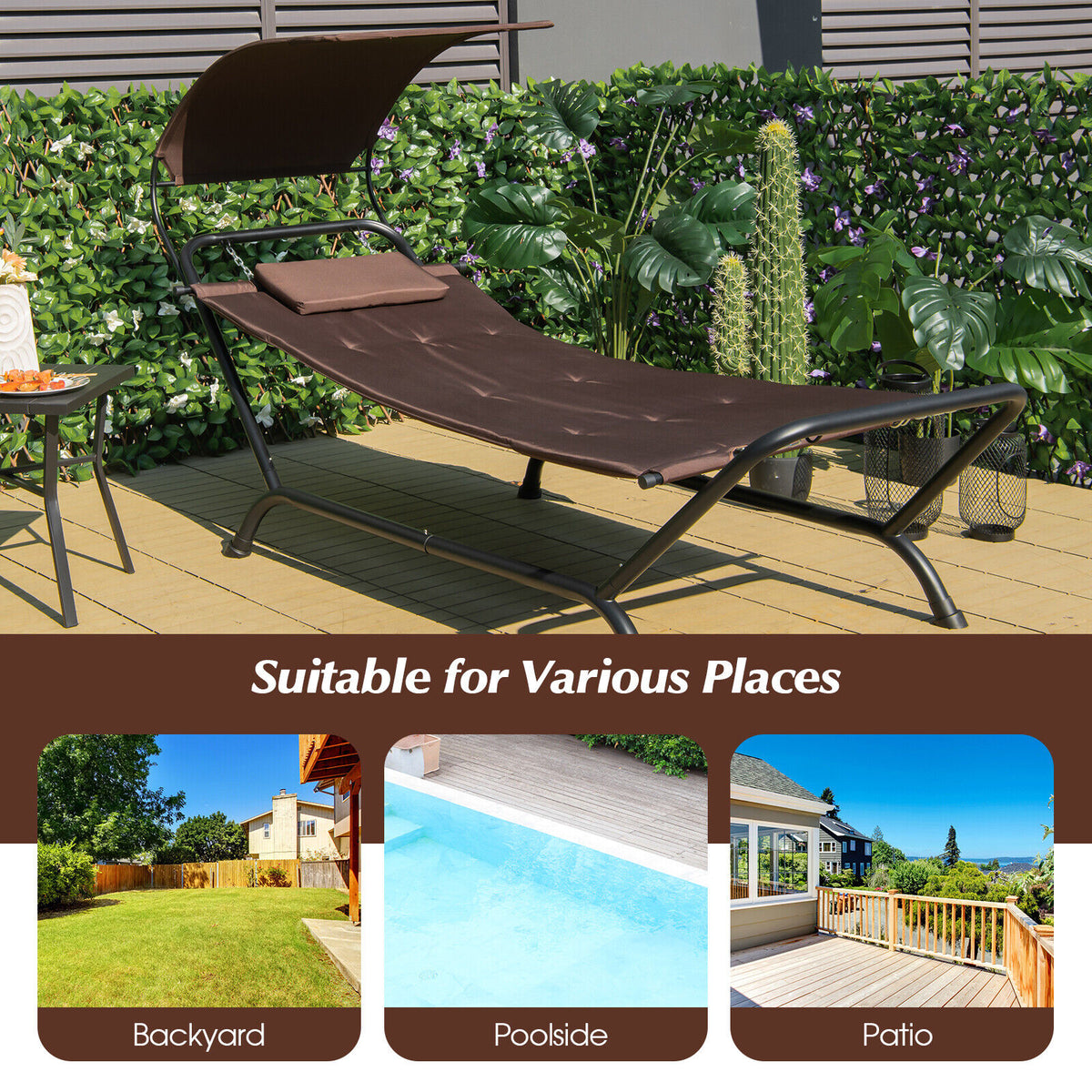 Patio Hanging Chaise Lounge Chair with Canopy Cushion Pillow and Storage Bag-Brown-Hammocks-DECOROLALA