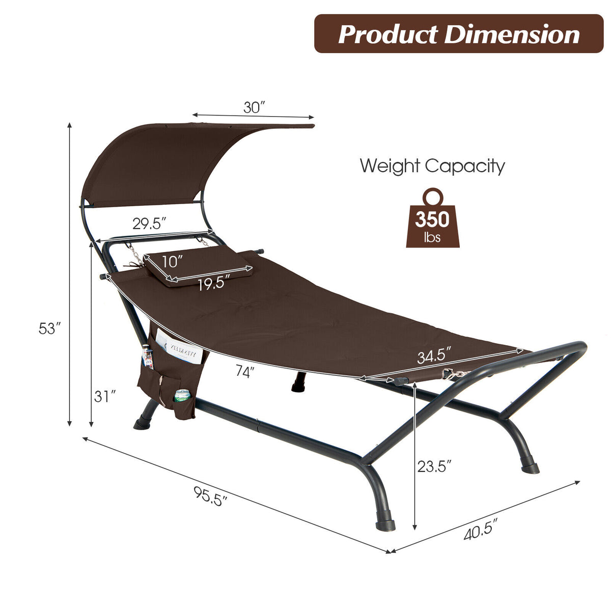Patio Hanging Chaise Lounge Chair with Canopy Cushion Pillow and Storage Bag-Brown-Hammocks-DECOROLALA