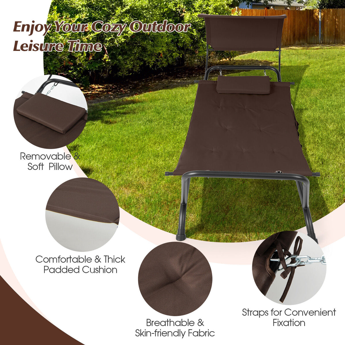 Patio Hanging Chaise Lounge Chair with Canopy Cushion Pillow and Storage Bag-Brown-Hammocks-DECOROLALA