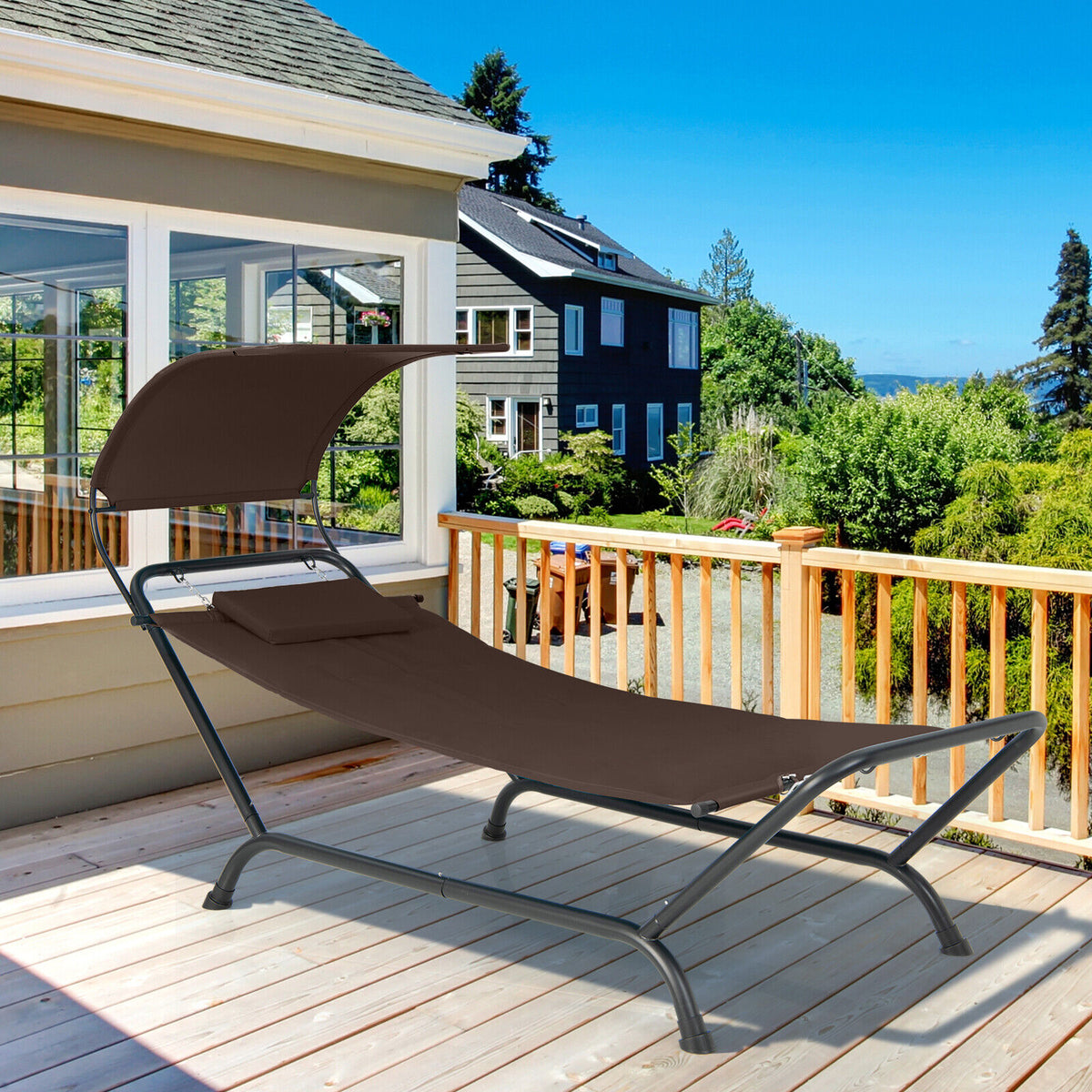Patio Hanging Chaise Lounge Chair with Canopy Cushion Pillow and Storage Bag-Brown-Hammocks-DECOROLALA