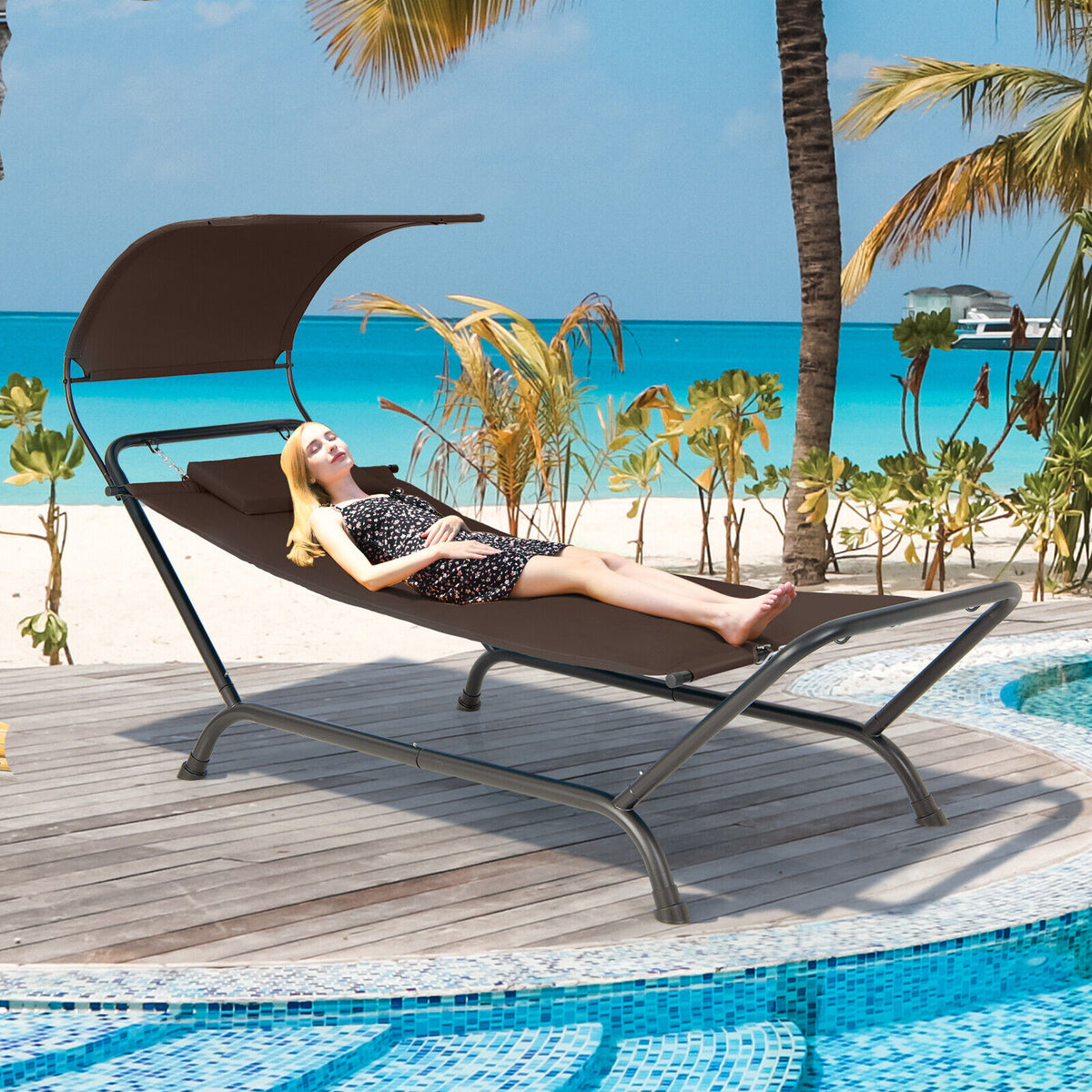 Patio Hanging Chaise Lounge Chair with Canopy Cushion Pillow and Storage Bag-Brown-Hammocks-DECOROLALA