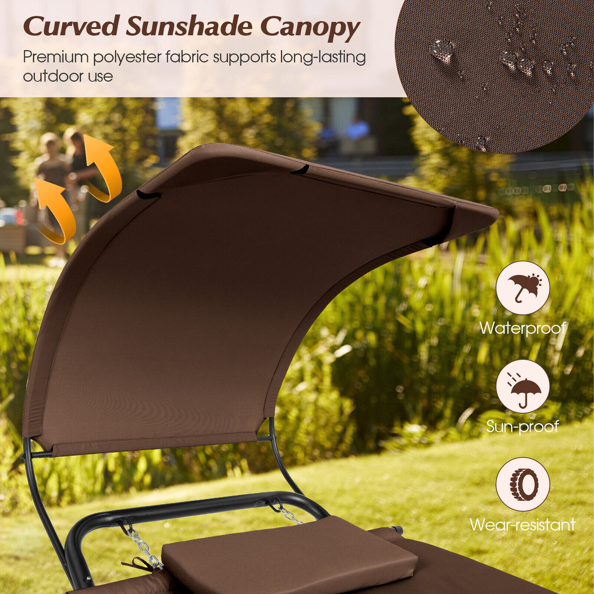 Patio Hanging Chaise Lounge Chair with Canopy Cushion Pillow and Storage Bag-Brown-Hammocks-DECOROLALA