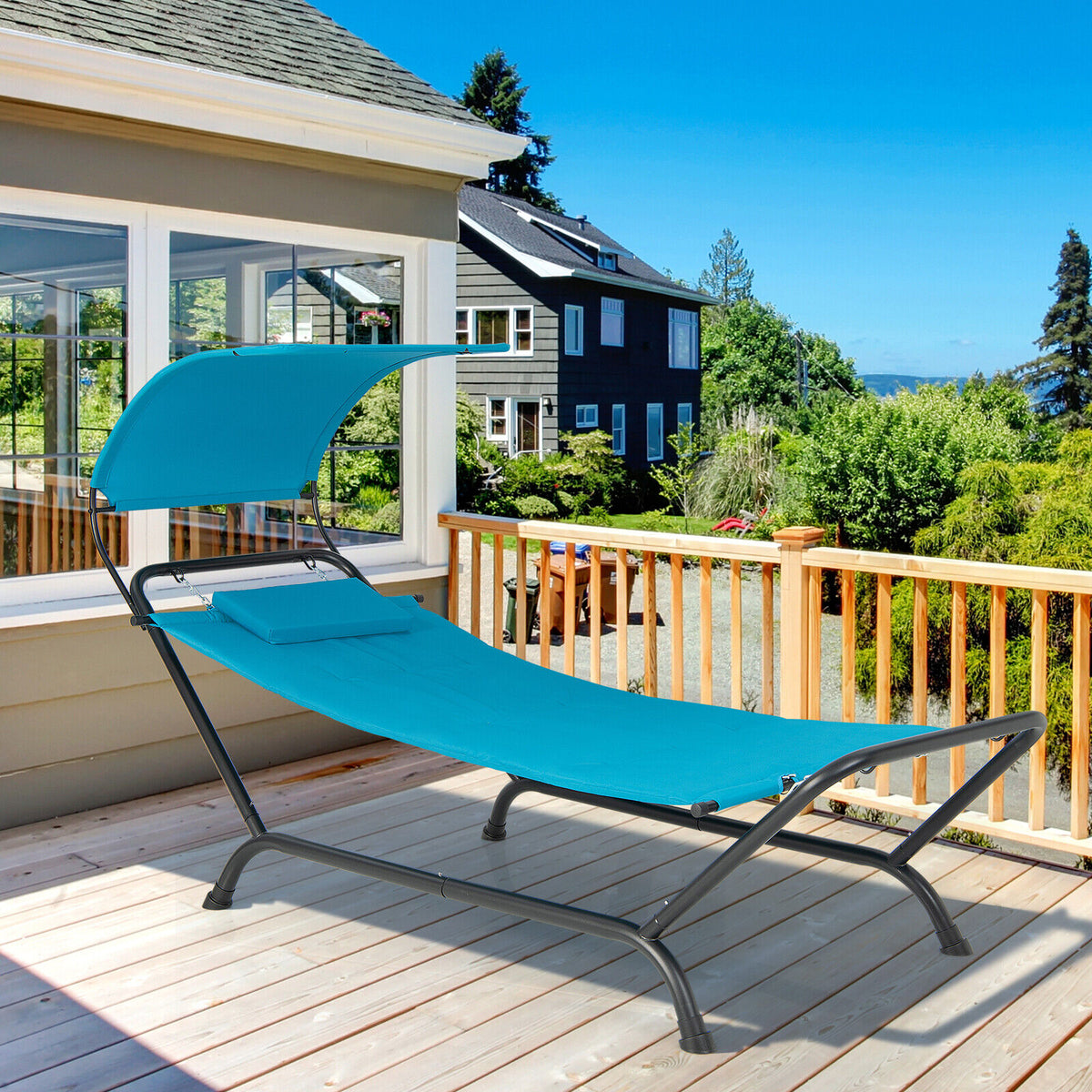 Patio Hanging Chaise Lounge Chair with Canopy Cushion Pillow and Storage Bag-Navy-Hammocks-DECOROLALA