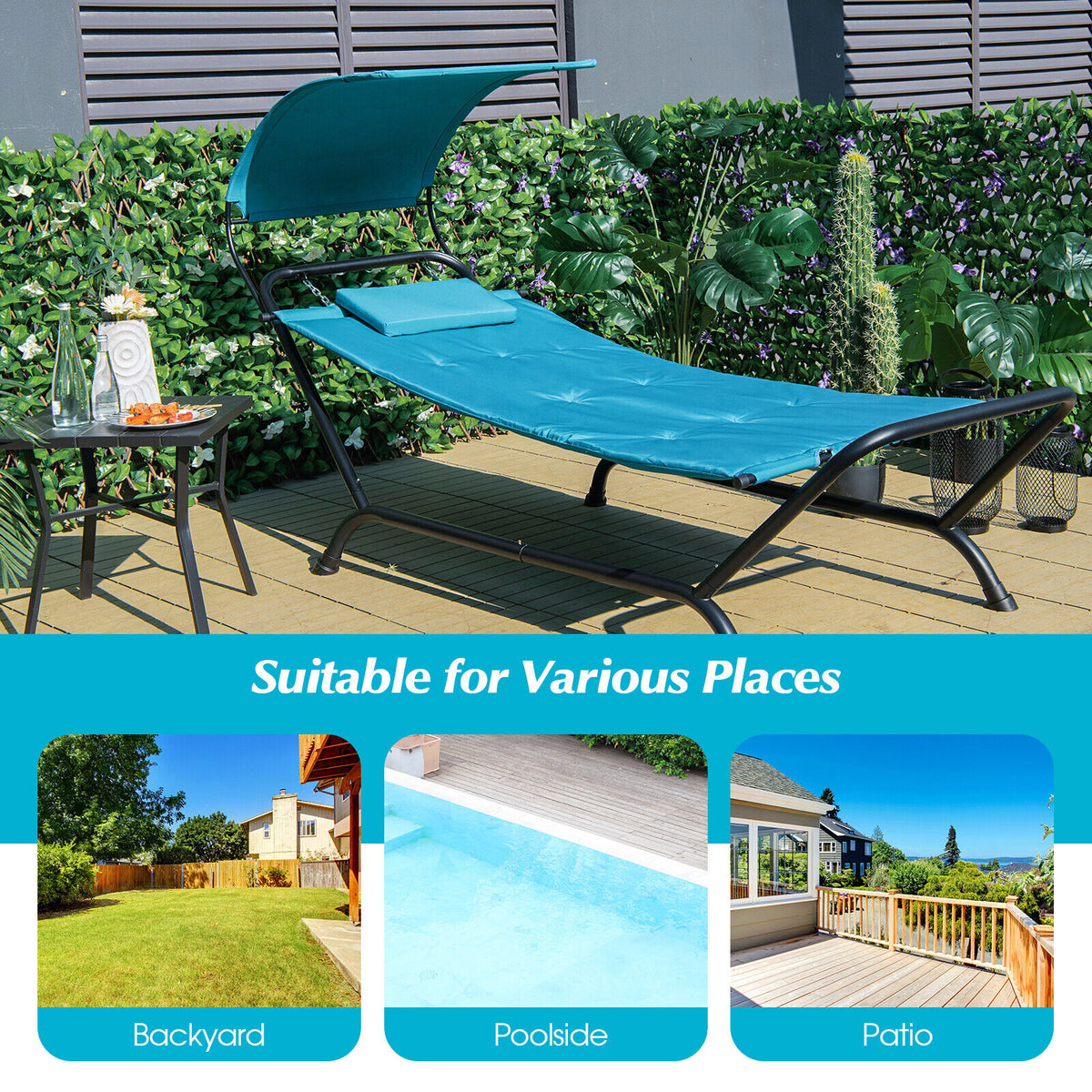 Patio Hanging Chaise Lounge Chair with Canopy Cushion Pillow and Storage Bag-Navy-Hammocks-DECOROLALA