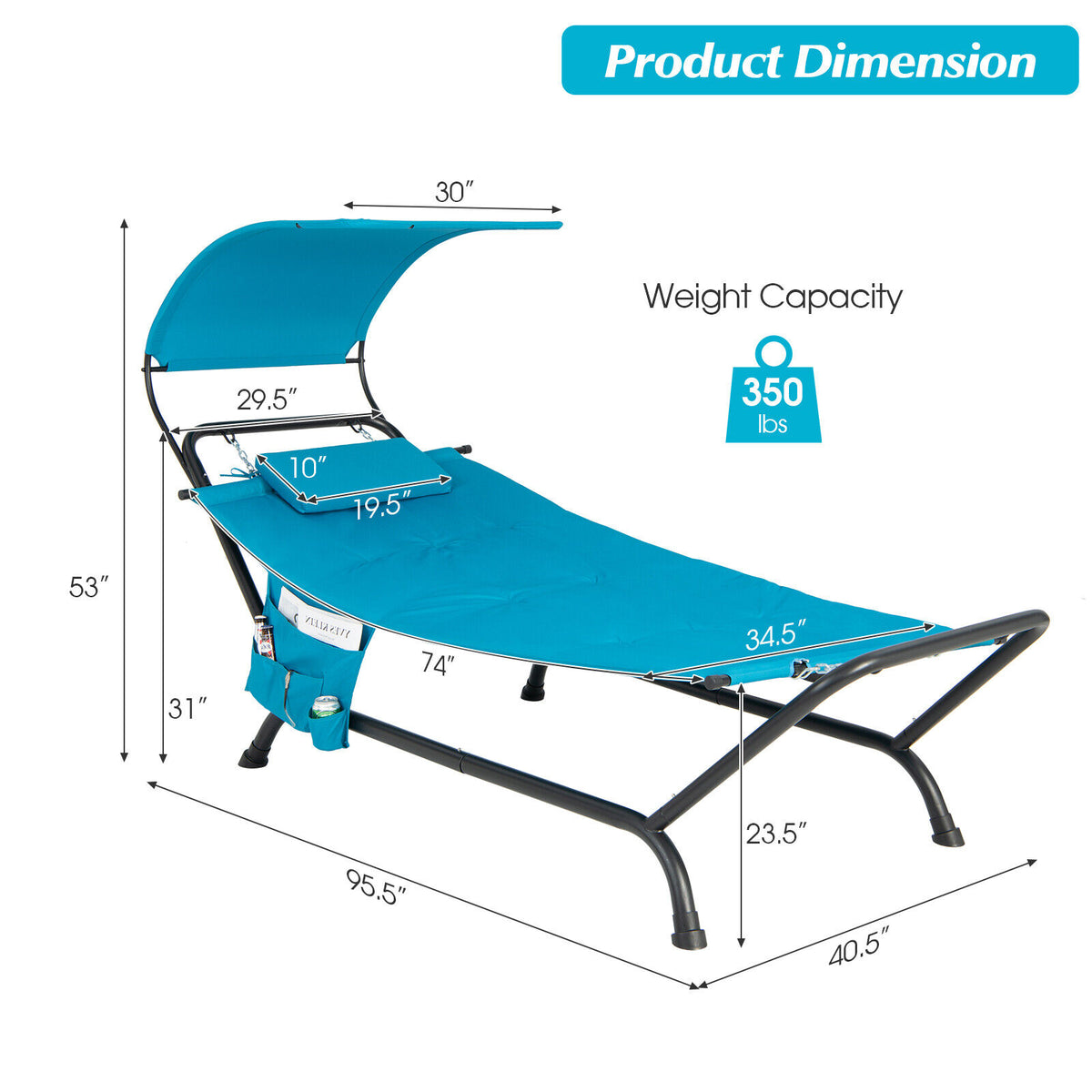 Patio Hanging Chaise Lounge Chair with Canopy Cushion Pillow and Storage Bag-Navy-Hammocks-DECOROLALA