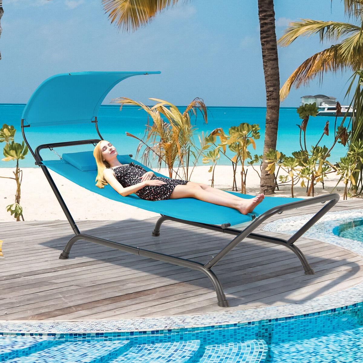 Patio Hanging Chaise Lounge Chair with Canopy Cushion Pillow and Storage Bag-Navy-Hammocks-DECOROLALA