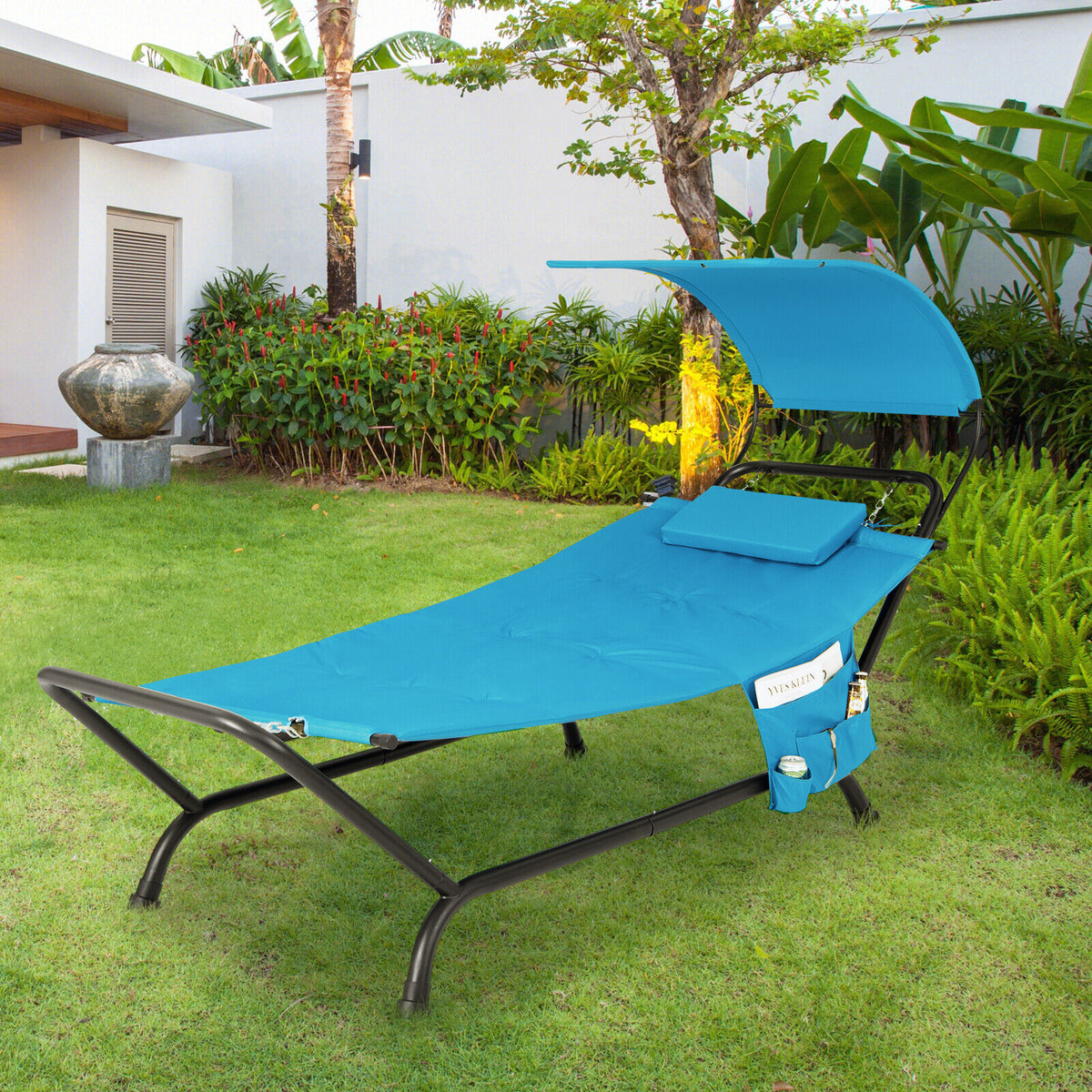 Patio Hanging Chaise Lounge Chair with Canopy Cushion Pillow and Storage Bag-Navy-Hammocks-DECOROLALA