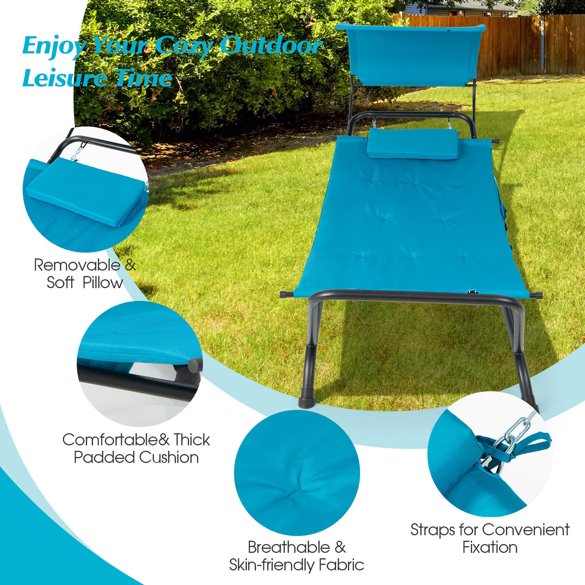 Patio Hanging Chaise Lounge Chair with Canopy Cushion Pillow and Storage Bag-Navy-Hammocks-DECOROLALA