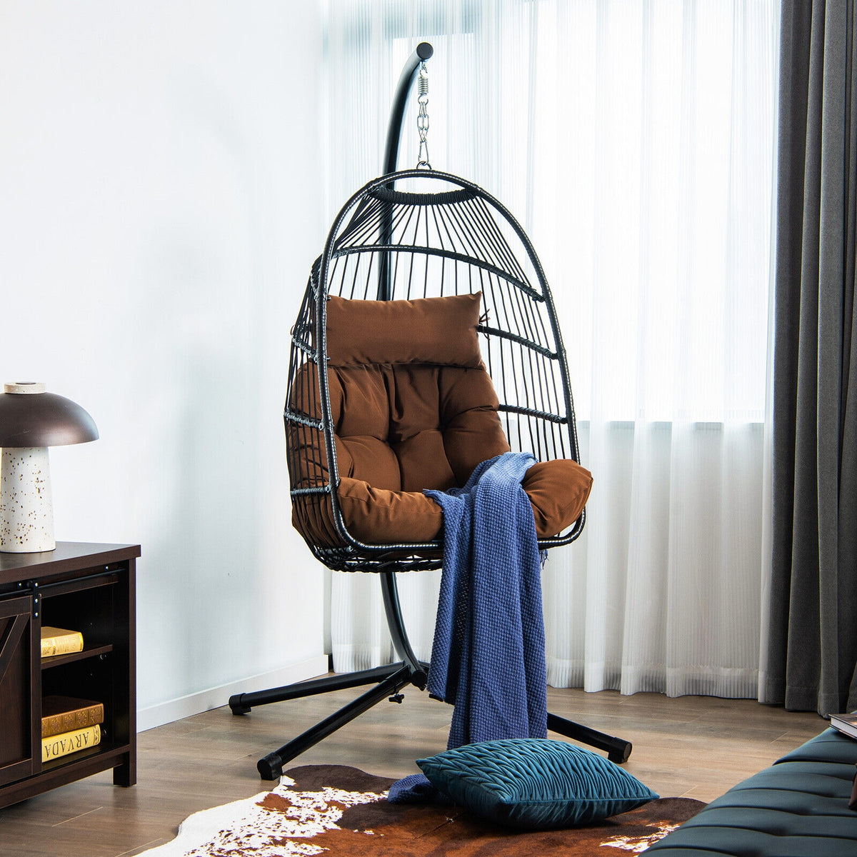Patio Hanging Egg Chair with Stand Waterproof Cover and Folding Basket-Brown-Hammocks-DECOROLALA