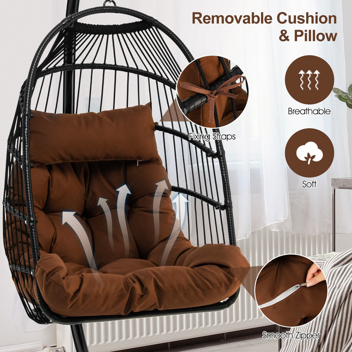 Patio Hanging Egg Chair with Stand Waterproof Cover and Folding Basket-Brown-Hammocks-DECOROLALA