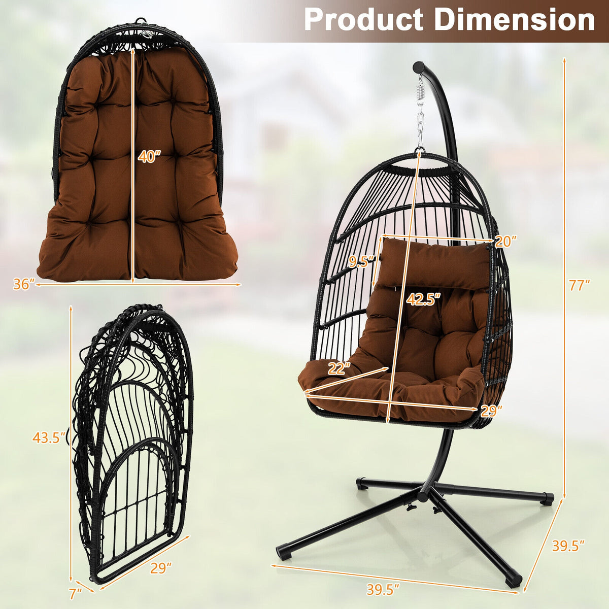 Patio Hanging Egg Chair with Stand Waterproof Cover and Folding Basket-Brown-Hammocks-DECOROLALA