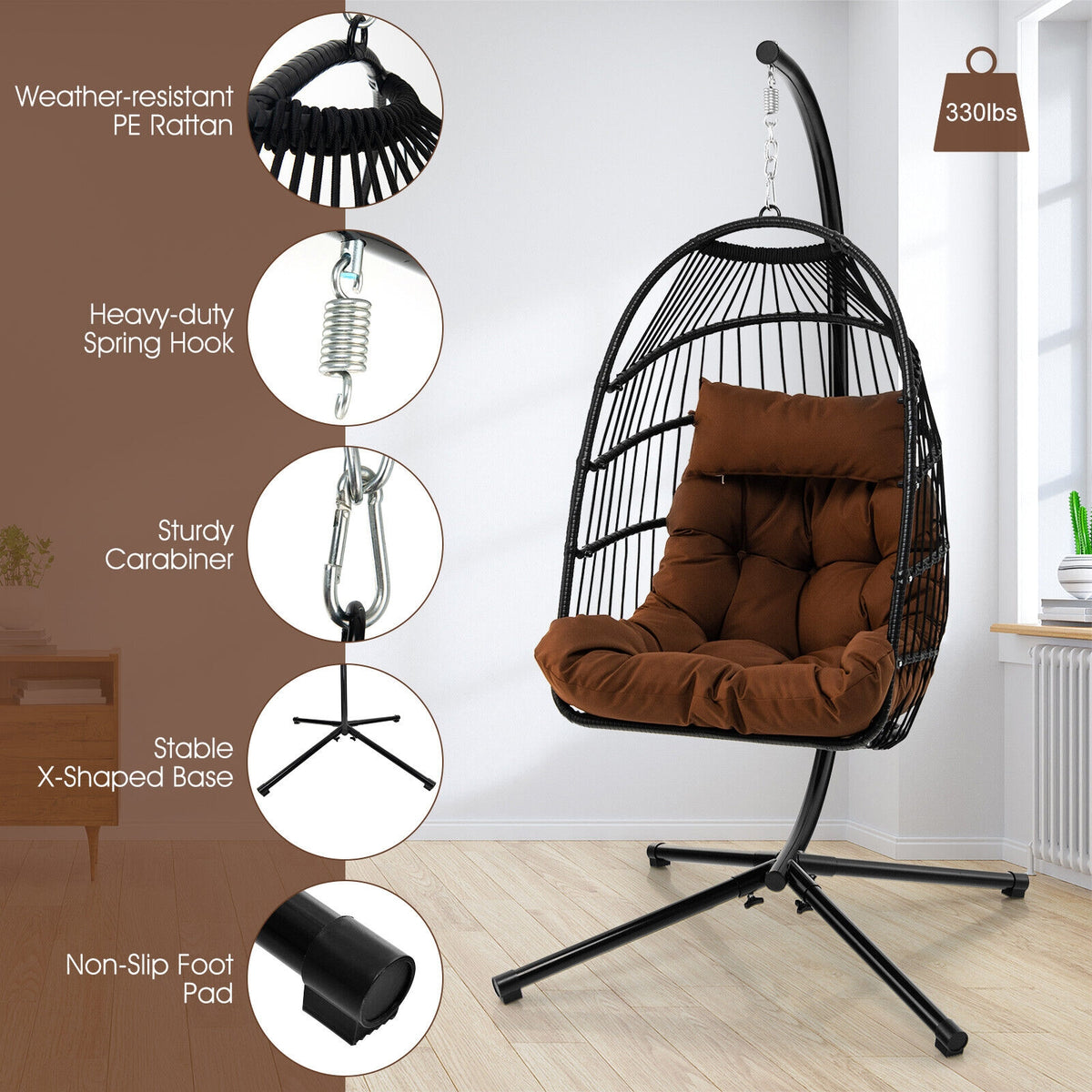 Patio Hanging Egg Chair with Stand Waterproof Cover and Folding Basket-Brown-Hammocks-DECOROLALA