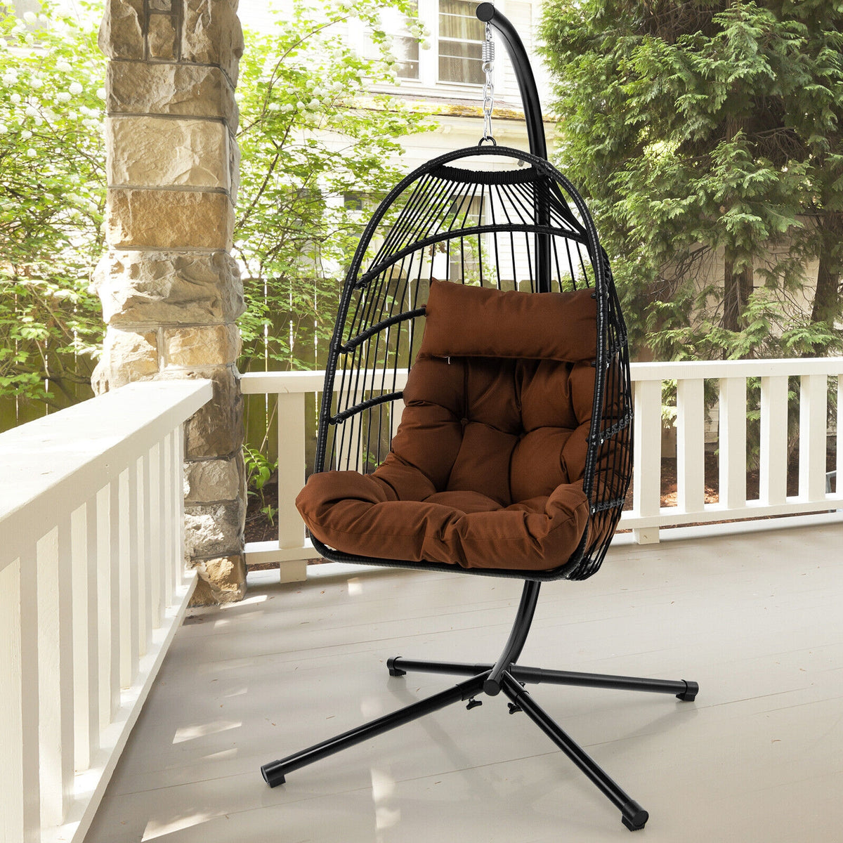 Patio Hanging Egg Chair with Stand Waterproof Cover and Folding Basket-Brown-Hammocks-DECOROLALA