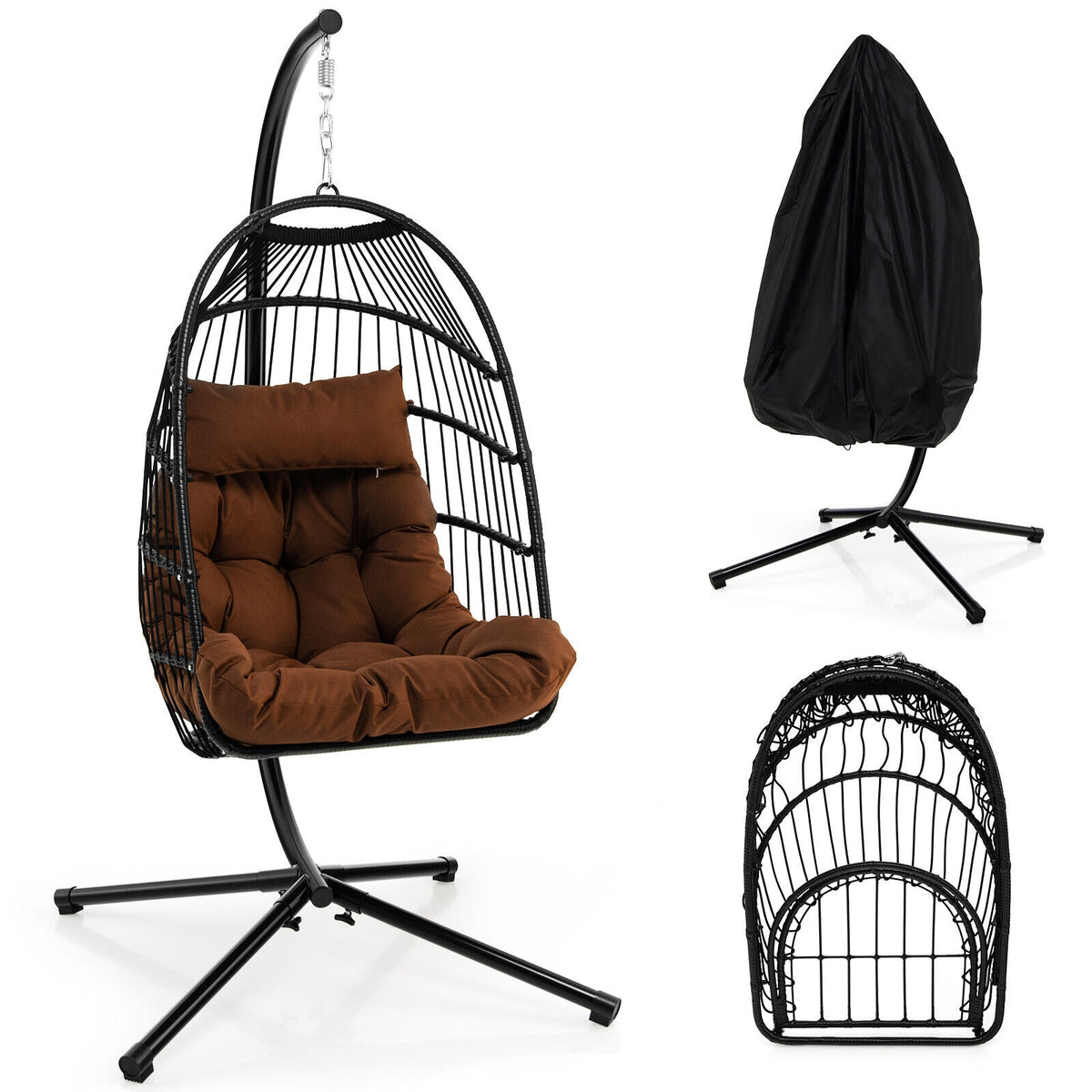 Patio Hanging Egg Chair with Stand Waterproof Cover and Folding Basket-Brown-Hammocks-DECOROLALA