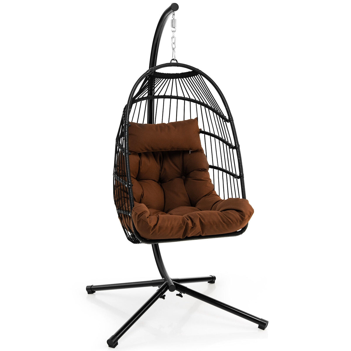 Patio Hanging Egg Chair with Stand Waterproof Cover and Folding Basket-Brown-Hammocks-DECOROLALA