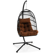 Patio Hanging Egg Chair with Stand Waterproof Cover and Folding Basket-Brown-Hammocks-DECOROLALA