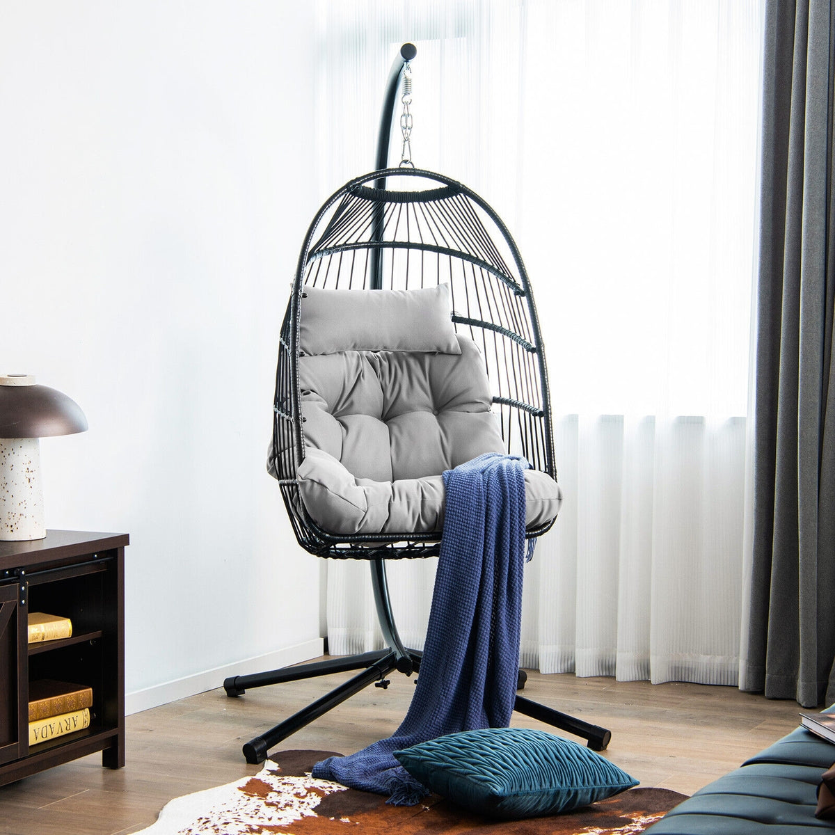 Patio Hanging Egg Chair with Stand Waterproof Cover and Folding Basket-Gray-Hammocks-DECOROLALA
